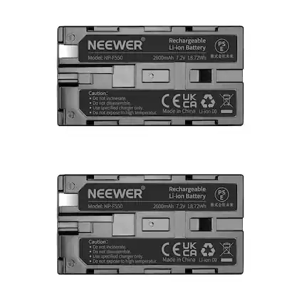 NEEWER Rechargeable PS Li-ion Battery E
Model: NP-F550
2600mAh 7.2V 18.72Wh
Caution:
- Do not incinerate.
- Do not disassemble.
- Use specified charger only.
- Do not expose to high temperature.
Made in China
Li-ion 00
CE UK CA
Rechargeable Li-ion Battery
2600mAh 7.2V 18.72Wh
株式会社未来
