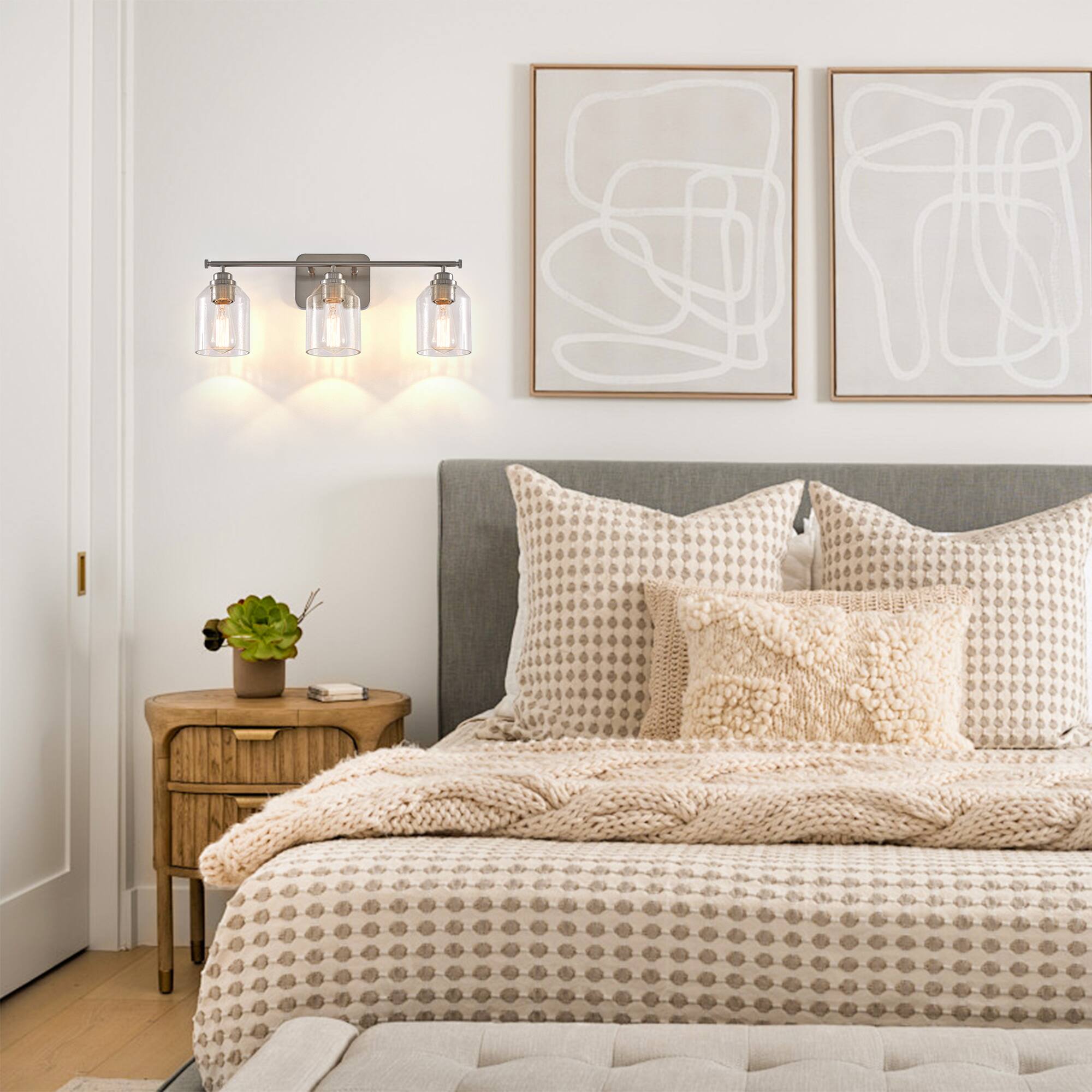 Back. Parrot Uncle - Modern Brushed Nickel 3-Light Seed Glass Dimmable Bathroom Vanity Light Fixture - Brushed Nickel.