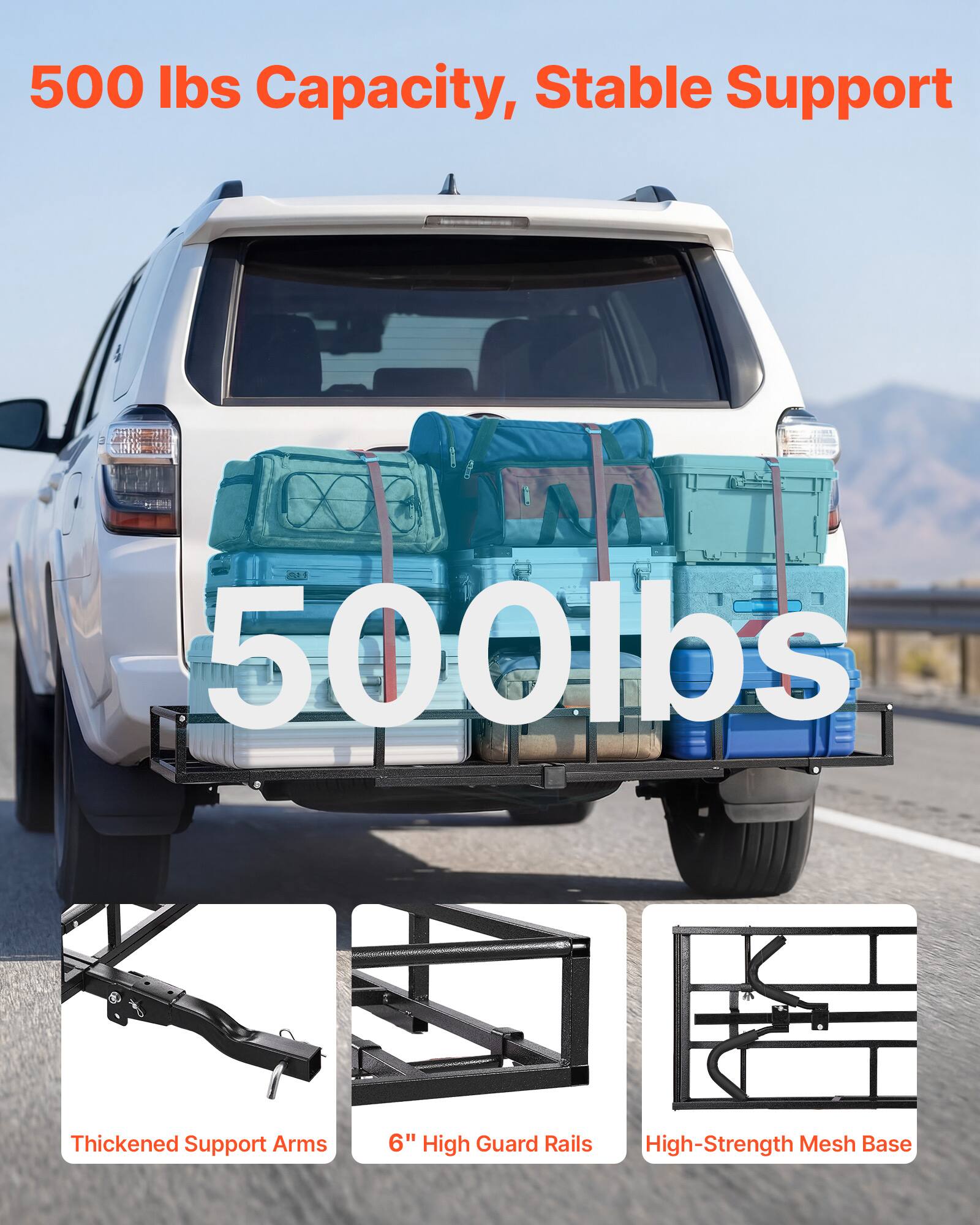 500 lbs Capacity, Stable Support

500 lbs

Thickened Support Arms

6" High Guard Rails

High-Strength Mesh Base