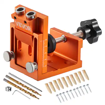 Front. VEVOR - Pocket Hole Jig Kit, 0.47 to 1.89 in Adjustable, Jig Pocket Hole System with Step Drill, Hex Wrench, Drill Stop Ring - Orange.