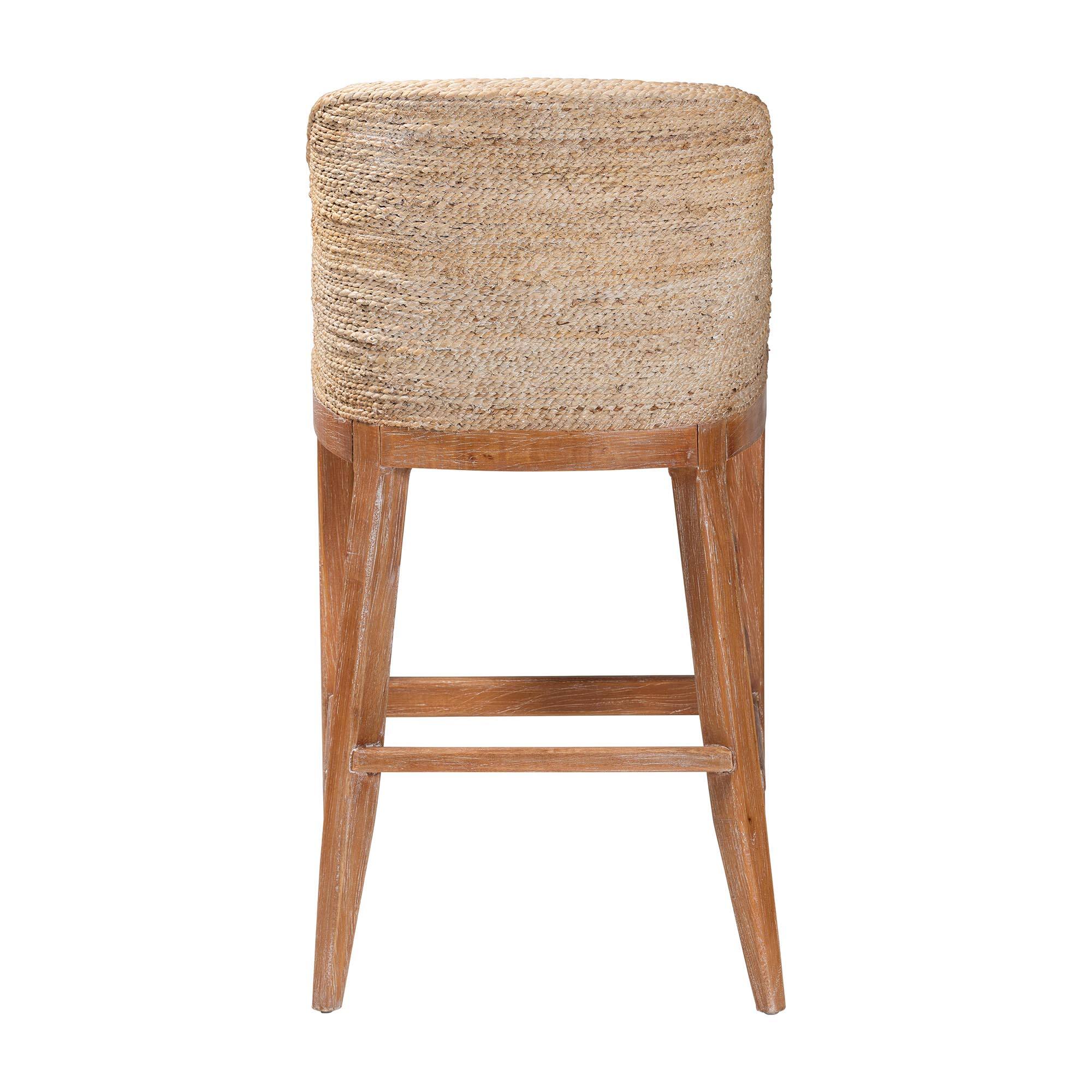 Back. bali & pari - Jasper Seagrass Bar Stool with Mahogany Wood Frame - Seating with Woven Wingback and Cushioned Seat - White Wash.