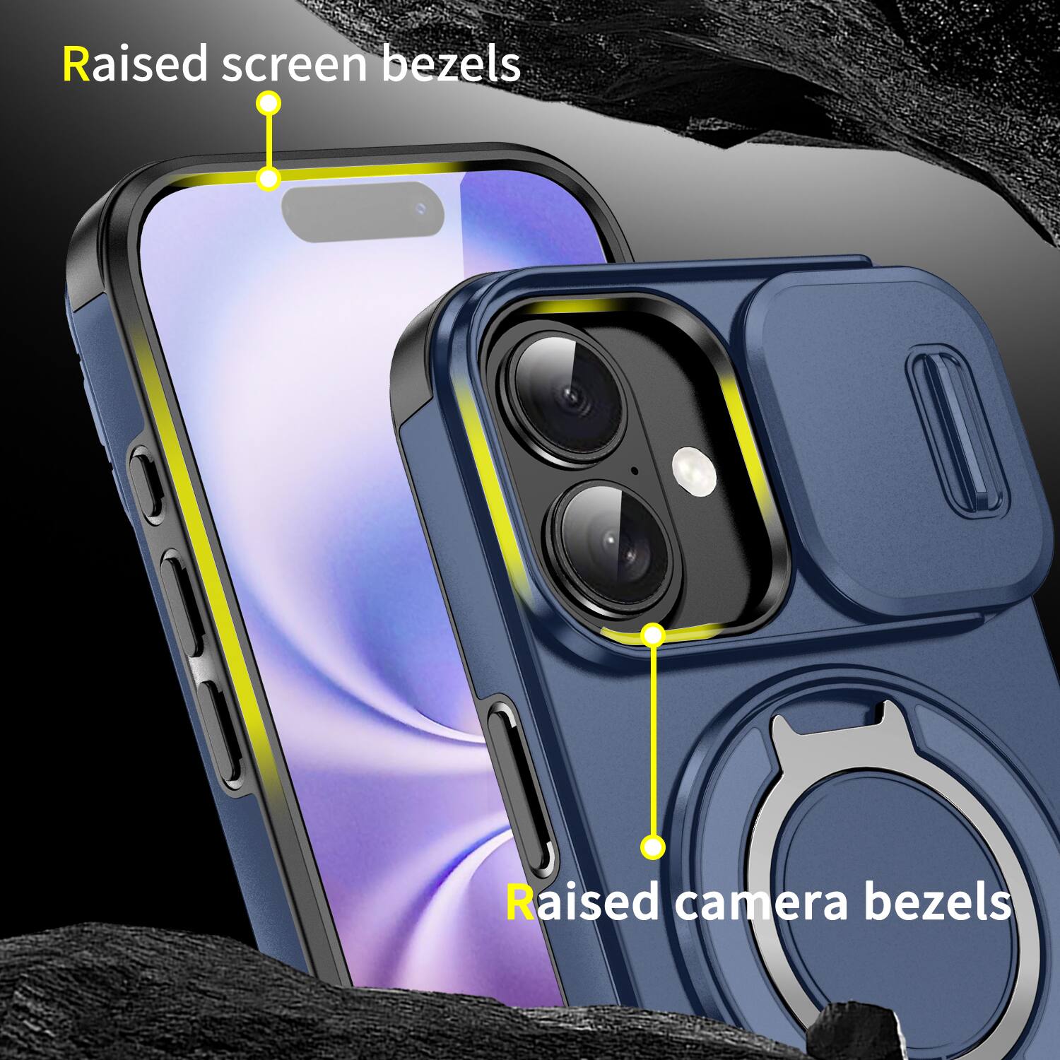 Raised screen bezels  
Raised camera bezels
