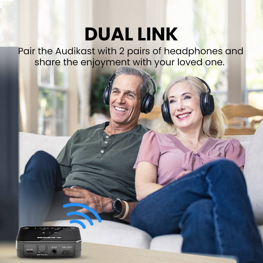 DUAL LINK

Pair the Audikast with 2 pairs of headphones and share the enjoyment with your loved one.