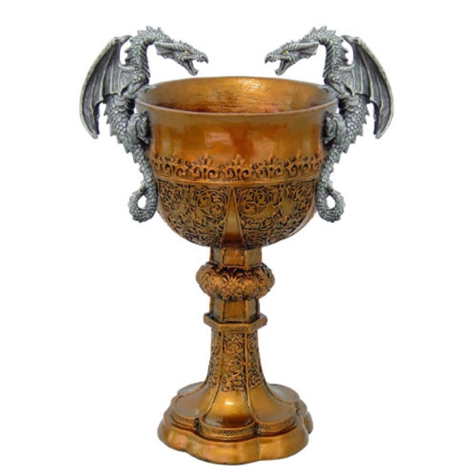 Pacific Trading - King Arthur's Fantasy Golden Chalice With Dual Dragon Wine Goblet Sculptural Decor - Gold