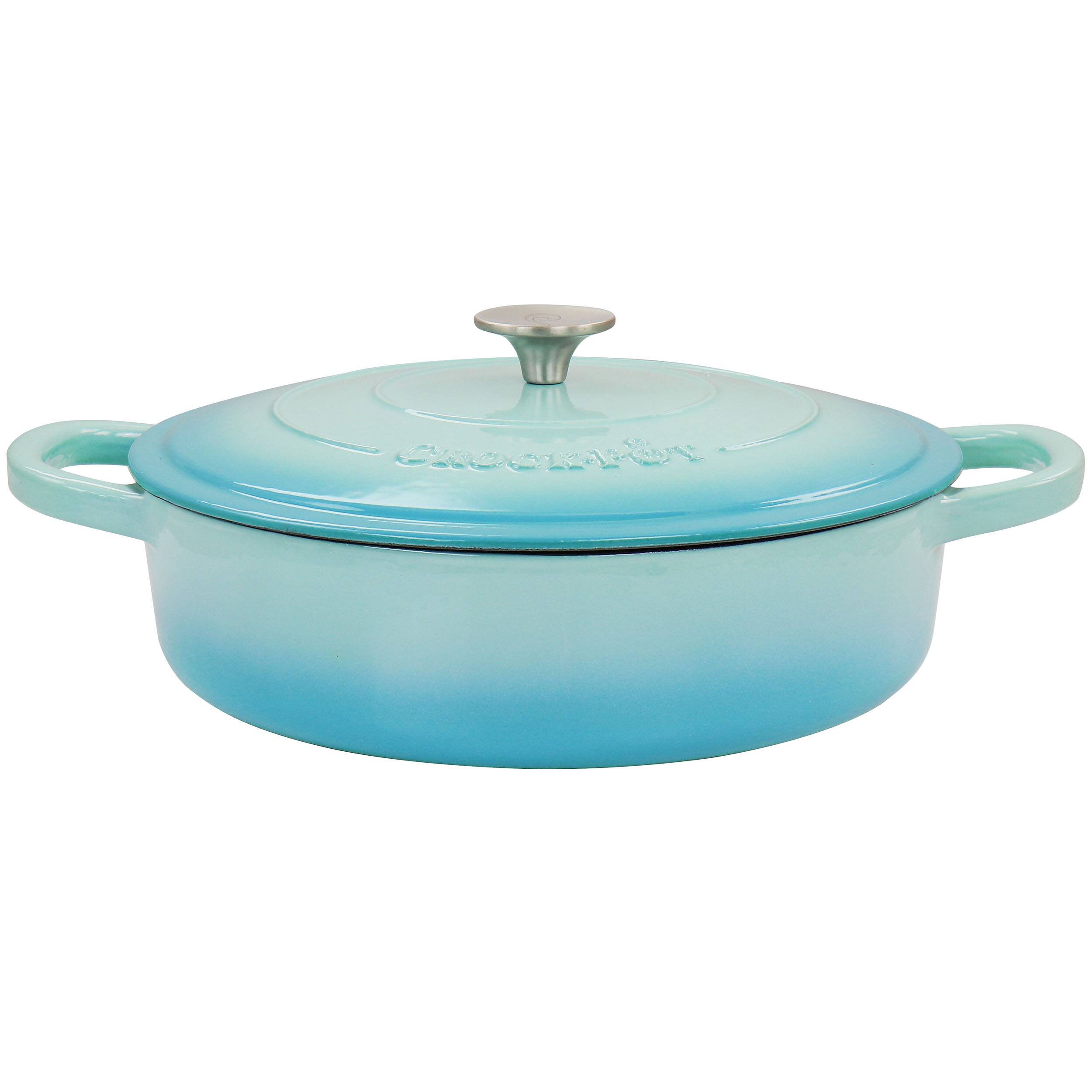 Front. Crock-Pot - Crock Pot Artisan 5 Quart Enameled Cast Iron Braiser Pan with Lid in Gradient Aqua Blue - Aqua Blue.