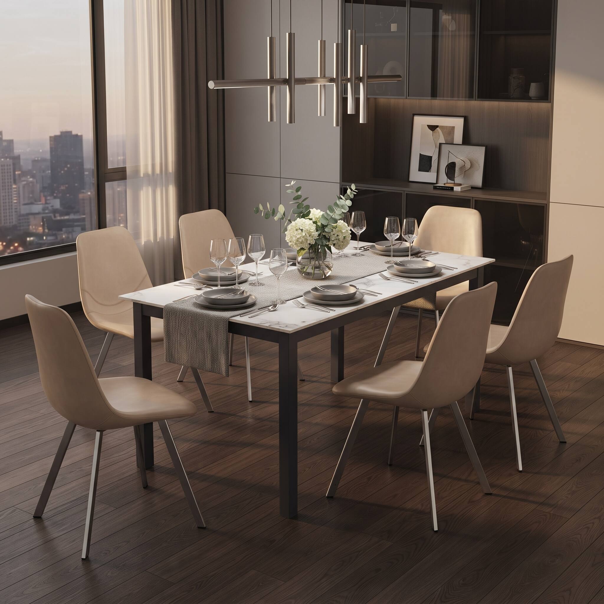 Angle. LeisureMod - Markley Modern Leather Dining Chair with Curved Back, Baseball Stitching, Chrome Silver Legs, Kitchen Accent Chair - Taupe.