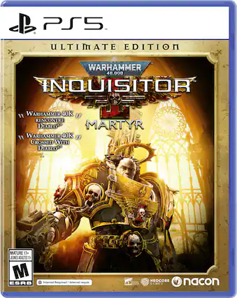 PS5 Ultimate Edition: Warhammer 40,000 Inquisitor Martyr. "Warhammer 40K" rencontre "Diablo." "Warhammer 40K" crossed with "Diablo." Mature 17+. Jeunes adultes 11+. ESRB. Internet Required/Internet requis. Nacon Games. - M (Mature 17+)