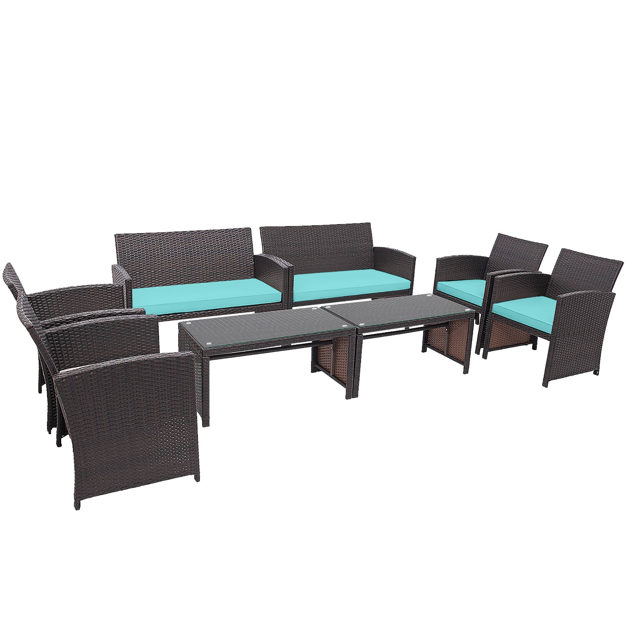 Alt View 7. Gymax - Gymax 8PCS Patio Conversation Set Outdoor Rattan Furniture Set w/ Turquoise Cushions - Turquoise.