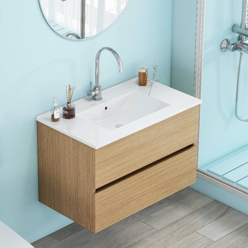 Alt View 4. Loheer - Loheer 32 inch wall mounted bathroom vanity Natural Solid Wood with Ceramic Sink - Natural.