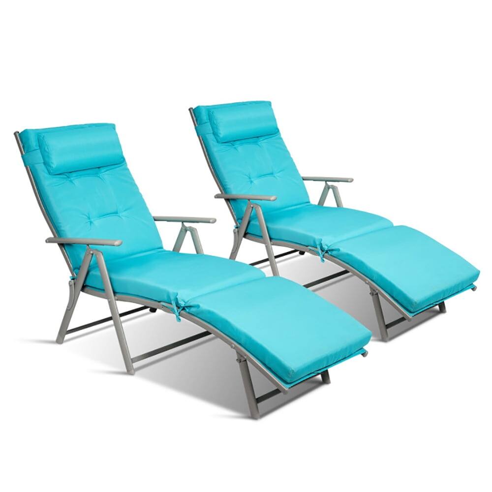 Left. Kadyn - Outdoor Chaise Lounge Chair, Adjustable Outdoor Lightweight Folding Chaise Lounge Chair with Pillow - Blue.