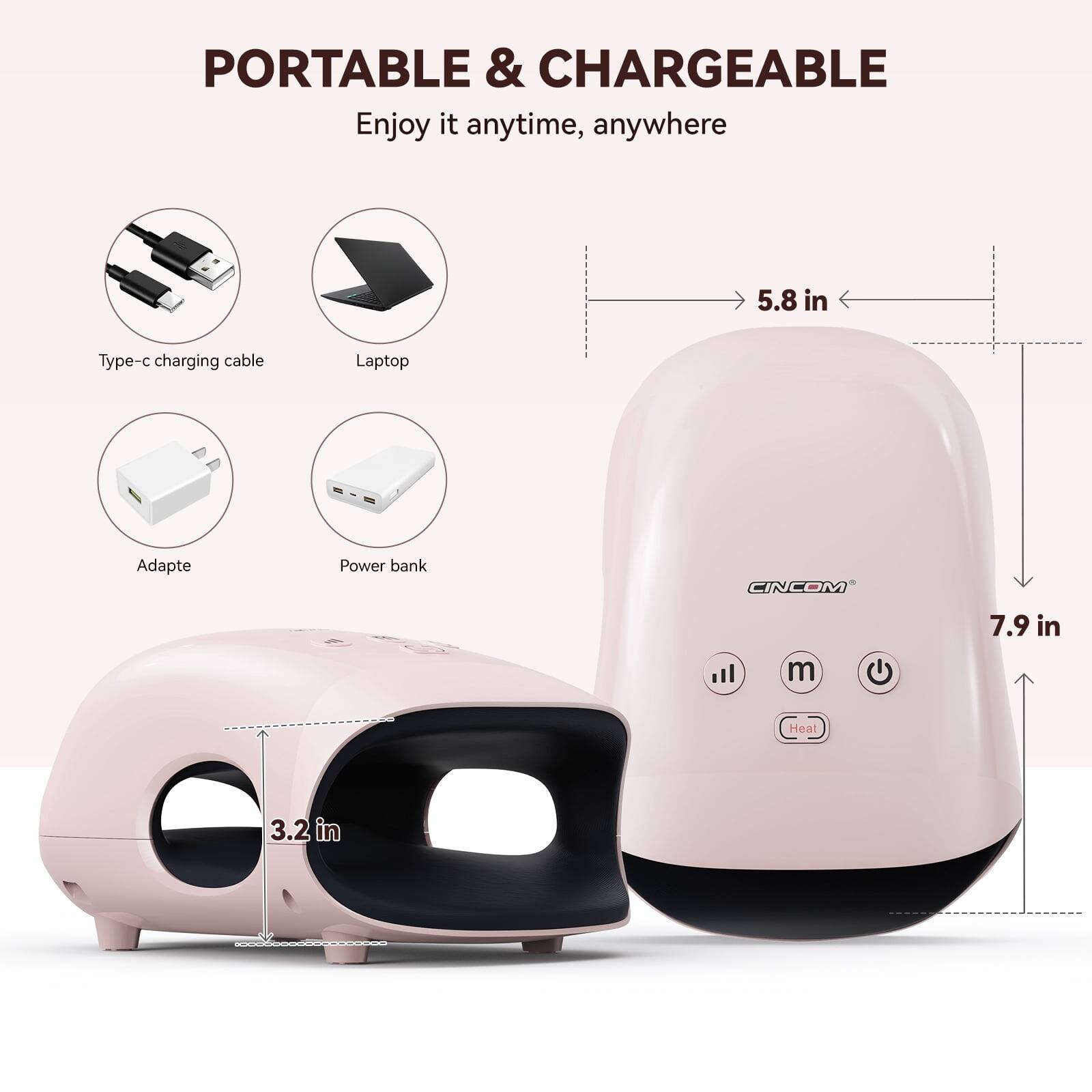 PORTABLE & CHARGEABLE  
Enjoy it anytime, anywhere

5.8 in  
Type-c charging cable  
Laptop  
Adapte  
Power bank  
CINCOM  
7.9 in  
Heat  
3.2 in
