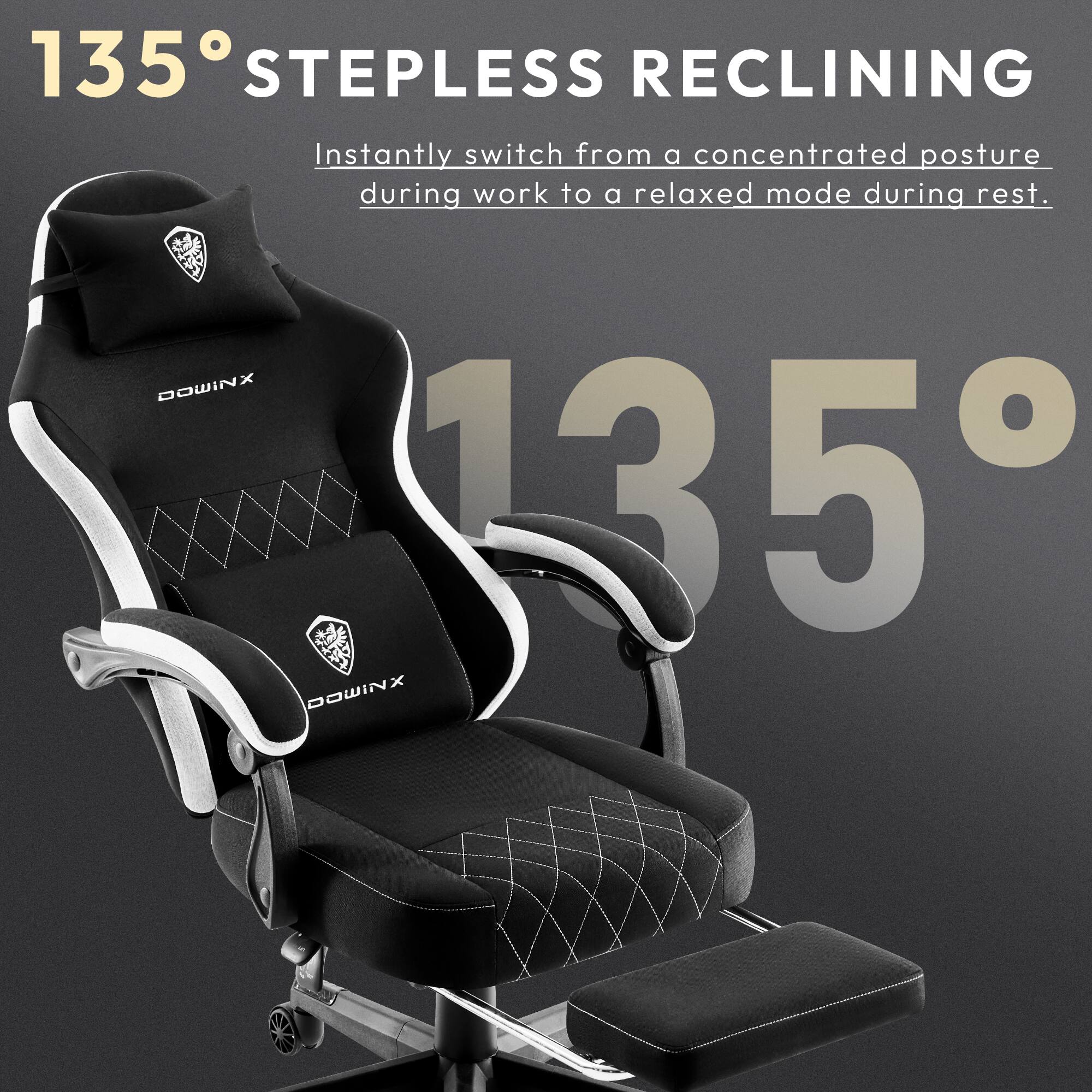 135° STEPLESS RECLINING  
Instantly switch from a concentrated posture during work to a relaxed mode during rest.  
DOWINX