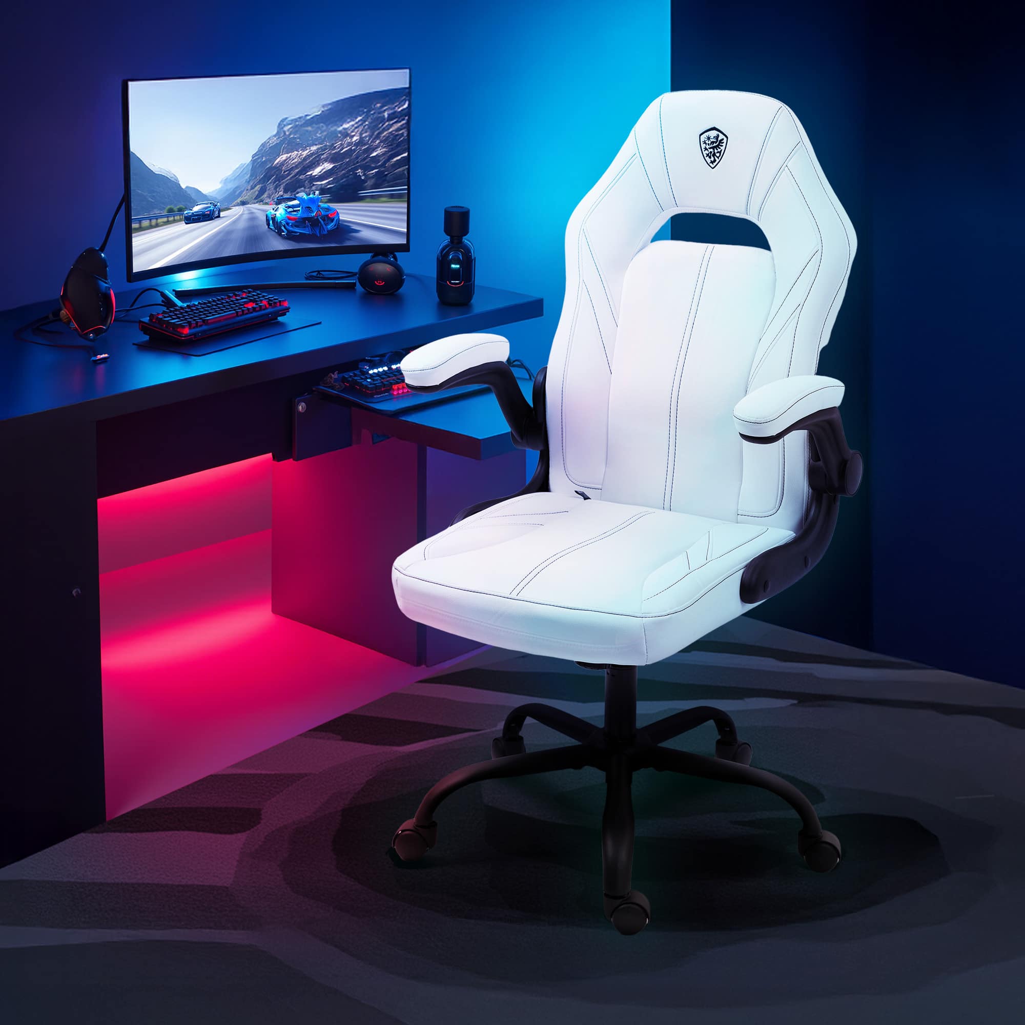 Dowinx - Gaming Chair,Breathable Suede Fabric Game Chair with 3D Armrest and PU Wheels,Big and Tall Gaming Chair with Mass - White