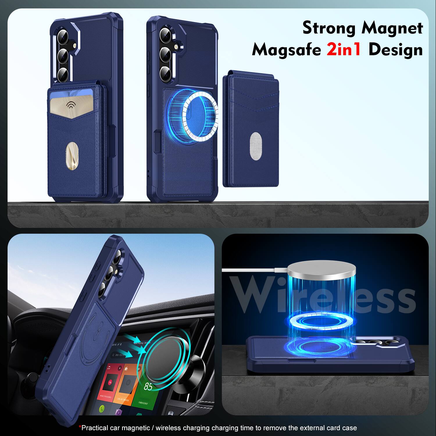 Strong Magnet Magsafe 2in1 Design

Practical car magnetic / wireless charging charging time to remove the external card case