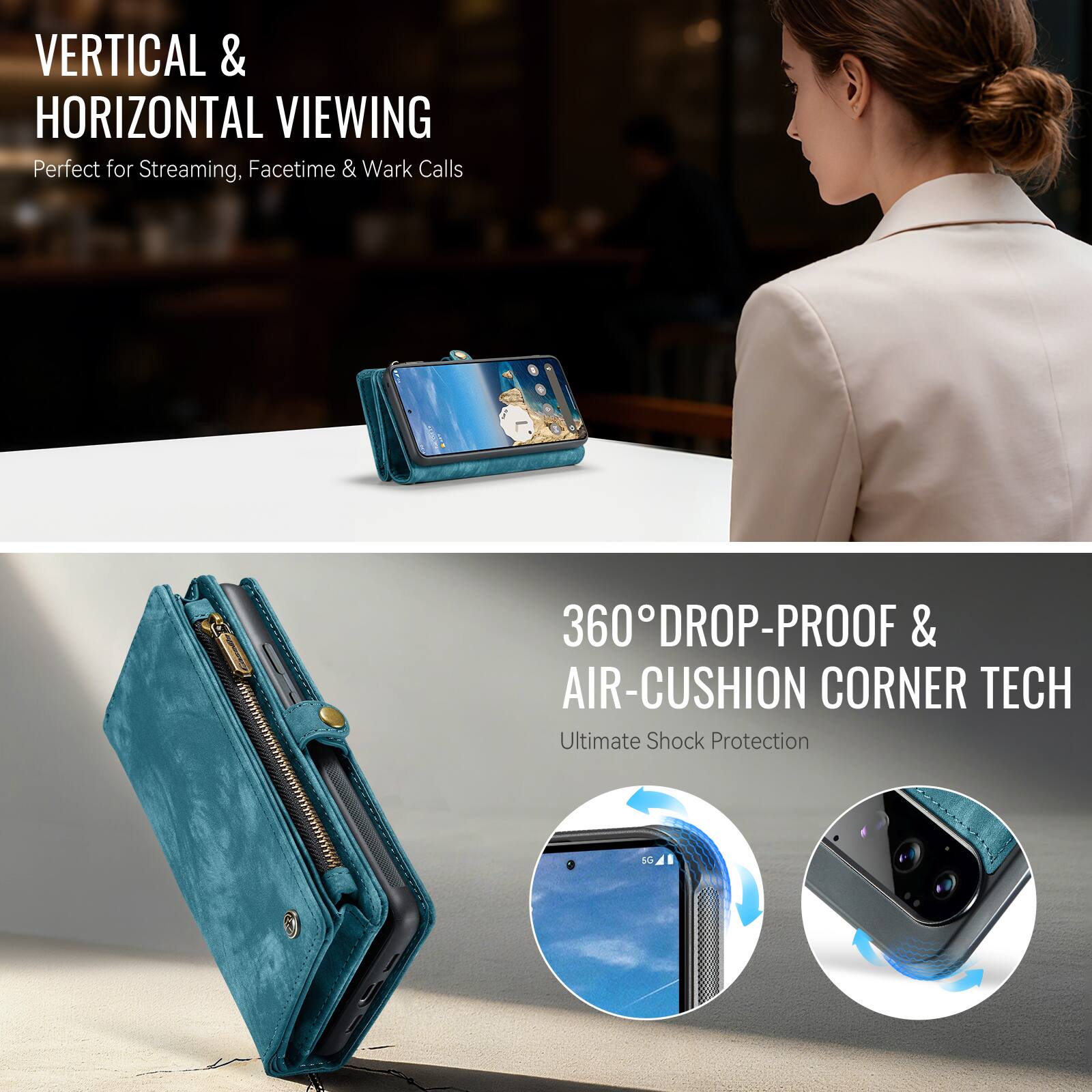 VERTICAL & HORIZONTAL VIEWING  
Perfect for Streaming, Facetime & Work Calls

360° DROP-PROOF & AIR-CUSHION CORNER TECH  
Ultimate Shock Protection