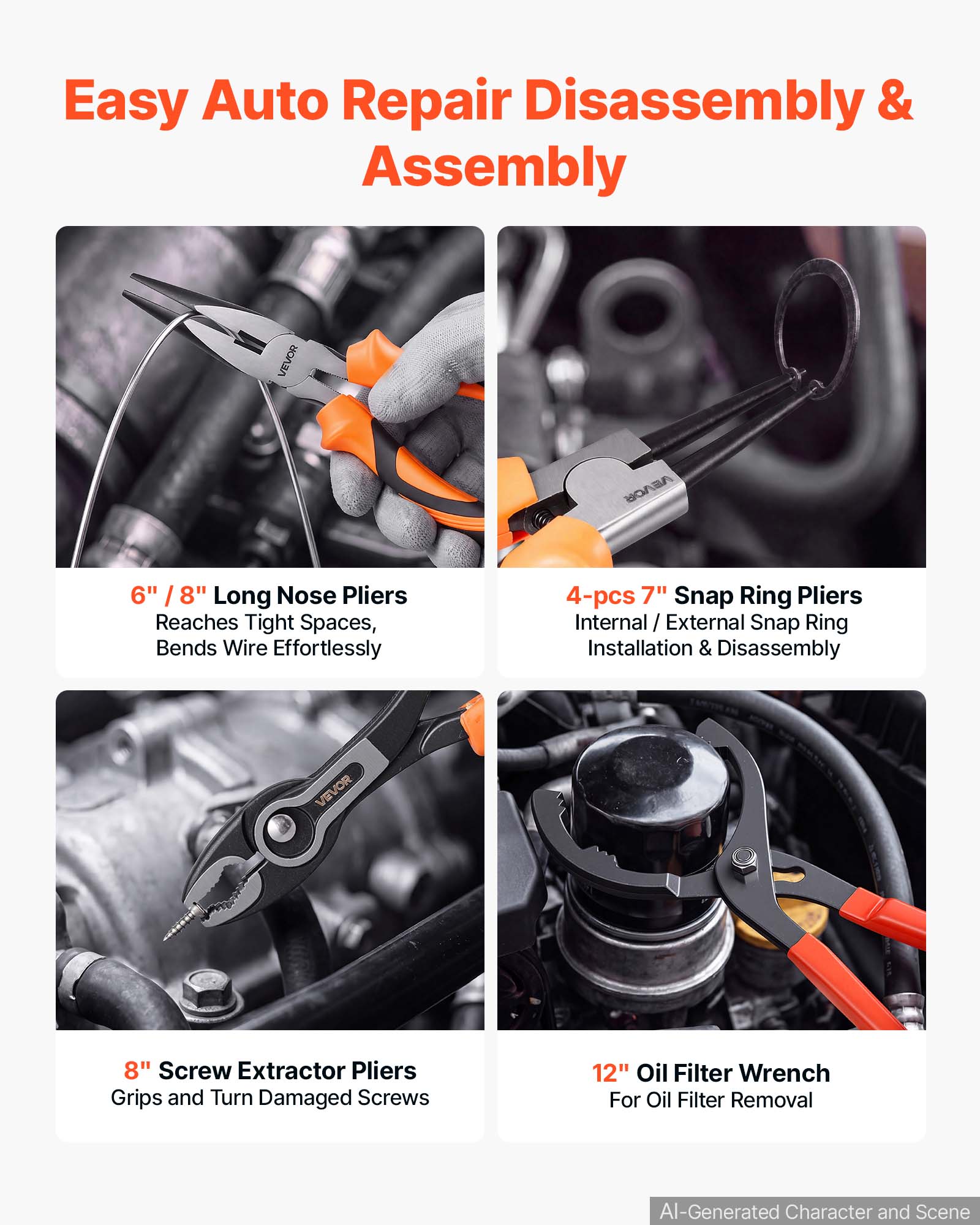 Easy Auto Repair Disassembly & Assembly

VEVOR

6" / 8" Long Nose Pliers
Reaches Tight Spaces, Bends Wire Effortlessly

4-pcs 7" Snap Ring Pliers
Internal / External Snap Ring Installation & Disassembly

VEVOR

8" Screw Extractor Pliers
Grips and Turn Damaged Screws

12" Oil Filter Wrench
For Oil Filter Removal

AI-Generated Character and Scene