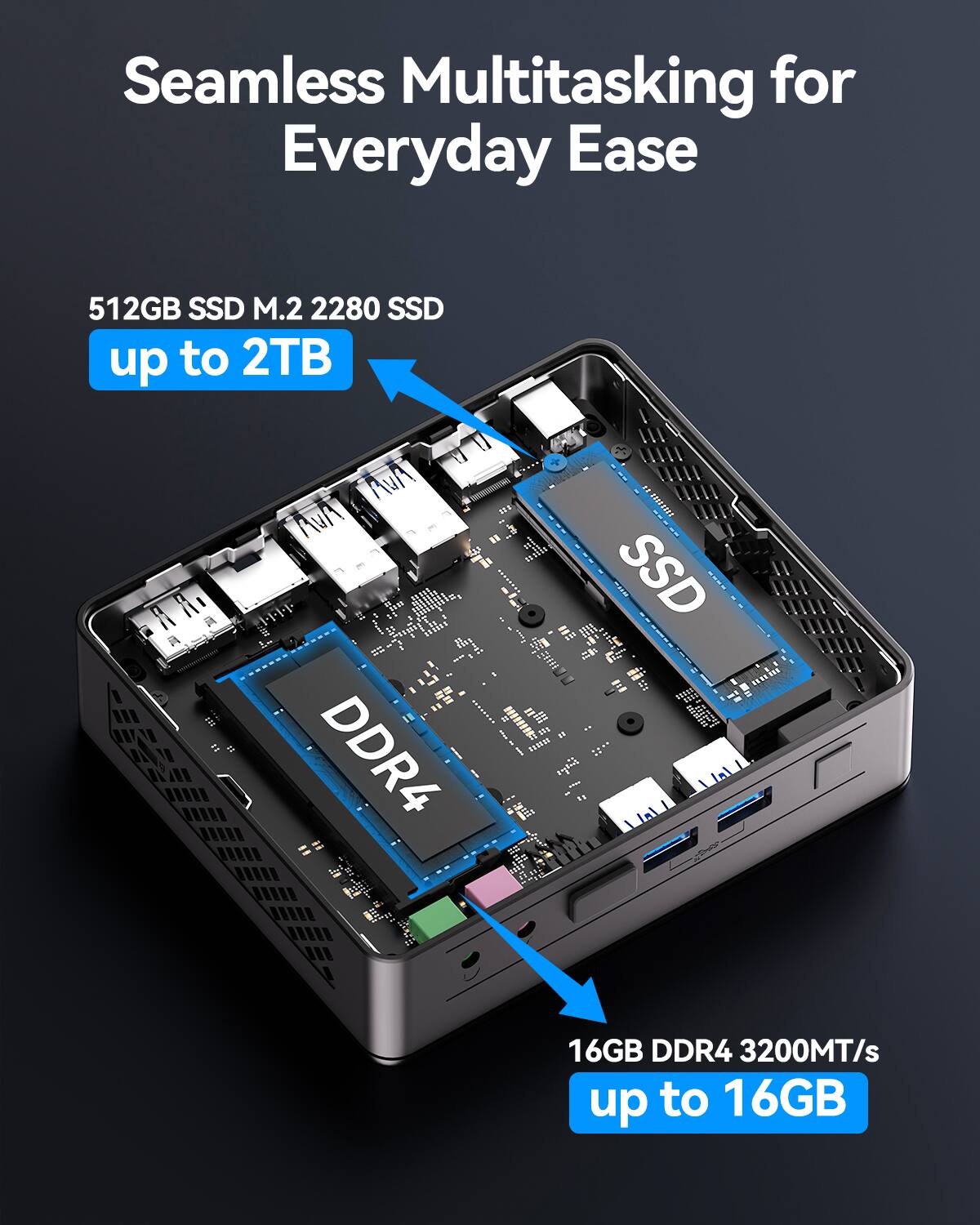 Seamless Multitasking for Everyday Ease
512GB SSD M.2 2280 SSD up to 2TB
16GB DDR4 3200MT/s up to 16GB