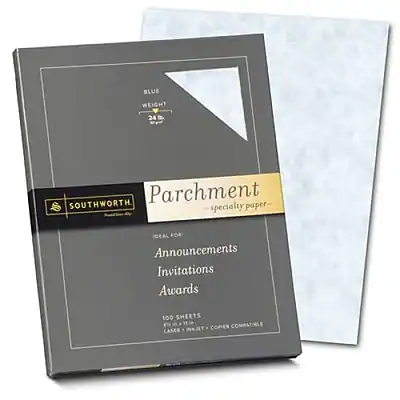 BLUE WEIGHT 24 SOUTHWORTH Parchment specialty paper IDEAL .04 Announcements Invitations Awards 100 SHEETS COMES COMPATIBLE WITH LASER & INKJET PRINTERS