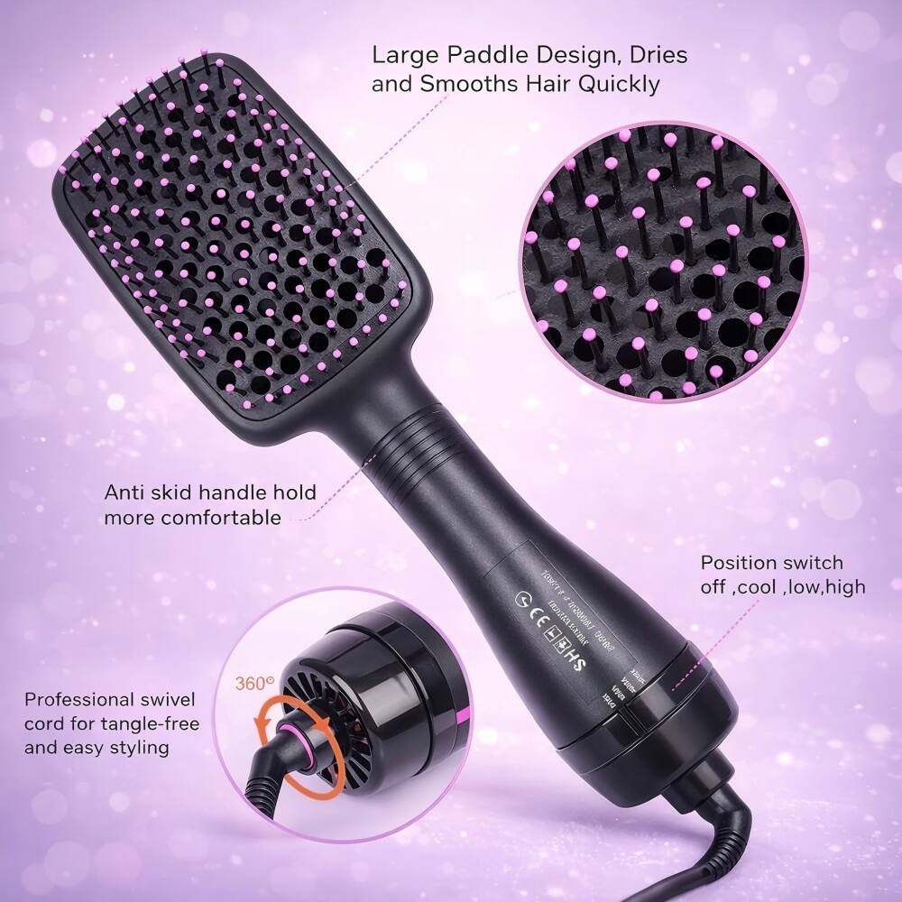 Large Paddle Design, Dries and Smooths Hair Quickly  
Anti-skid handle hold more comfortable  
360° Professional swivel cord for tangle-free and easy styling  
Position switch off, cool, low, high