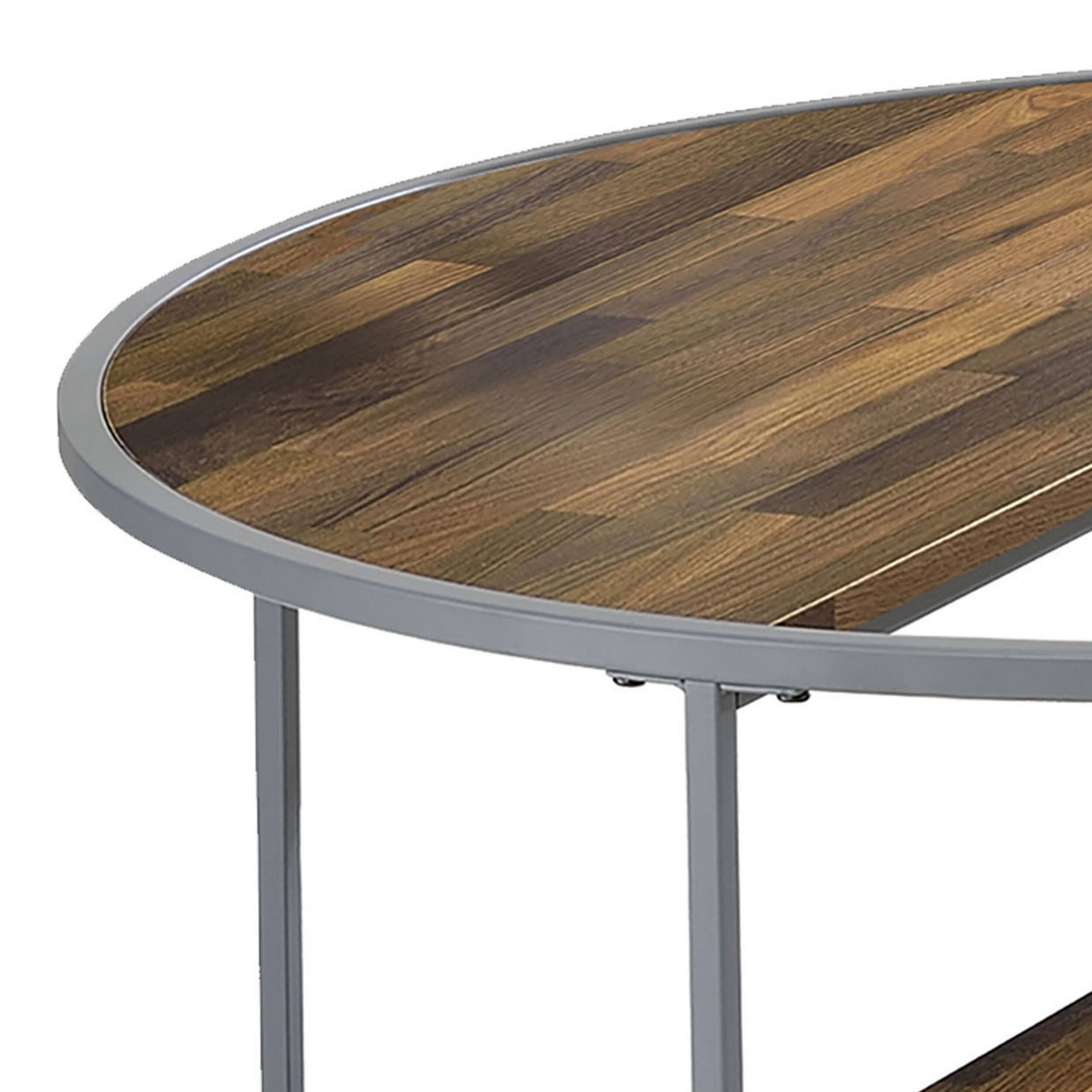 Alt View 1. Manhattan Lane - Lenn 35 Inch 3 Tier Round Brown Coffee Table, Half Shelf Design, Gray Frame - Brown, Gray.