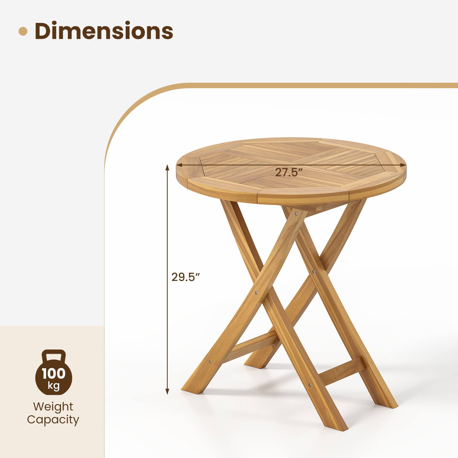 - Dimensions: 27.5" (diameter) x 29.5" (height)
- Weight Capacity: 100 kg