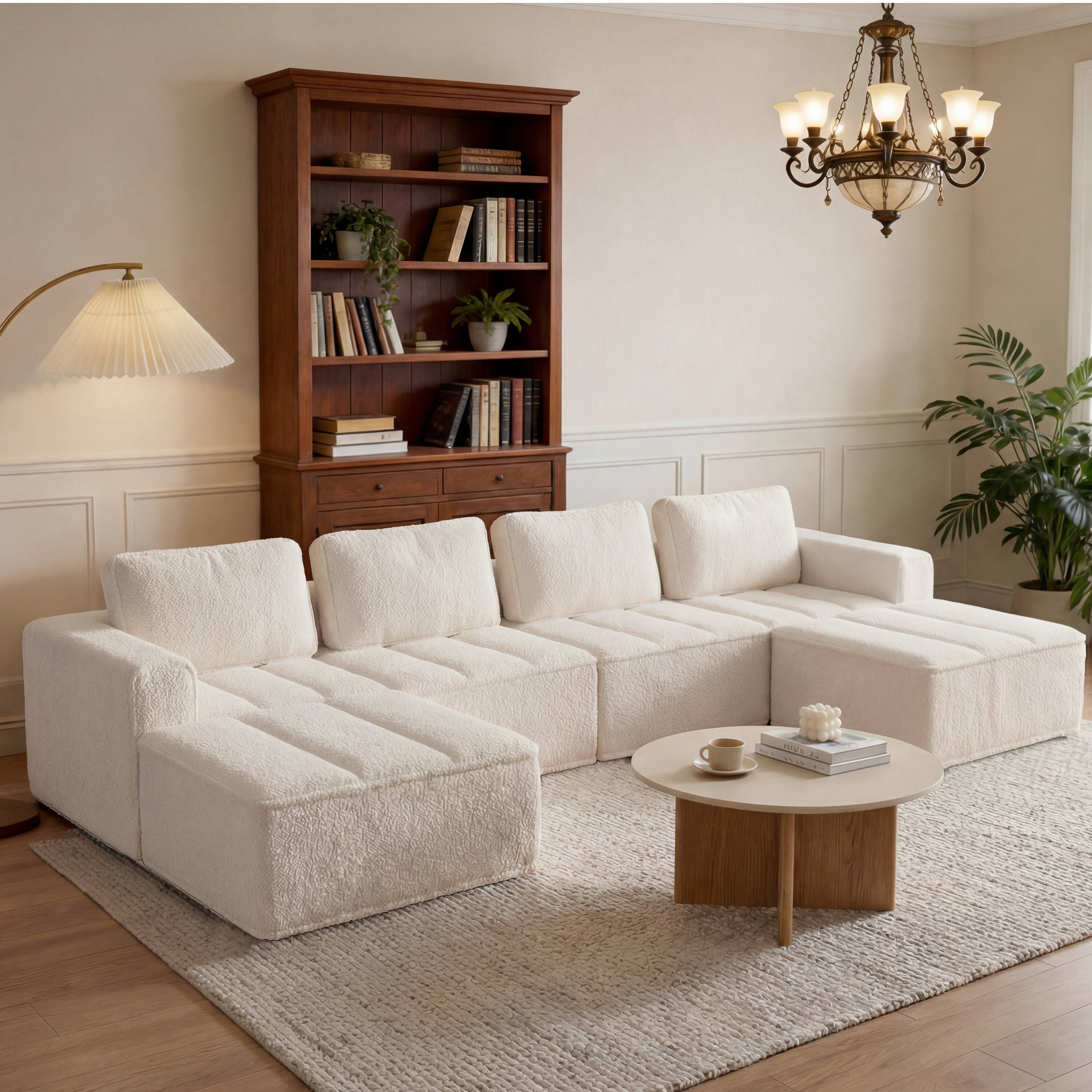 Angle. Dyonery - 110" L Shaped Modular Sectional Sofa with Ottoman, Boneless Couch for Living Room - Beige.