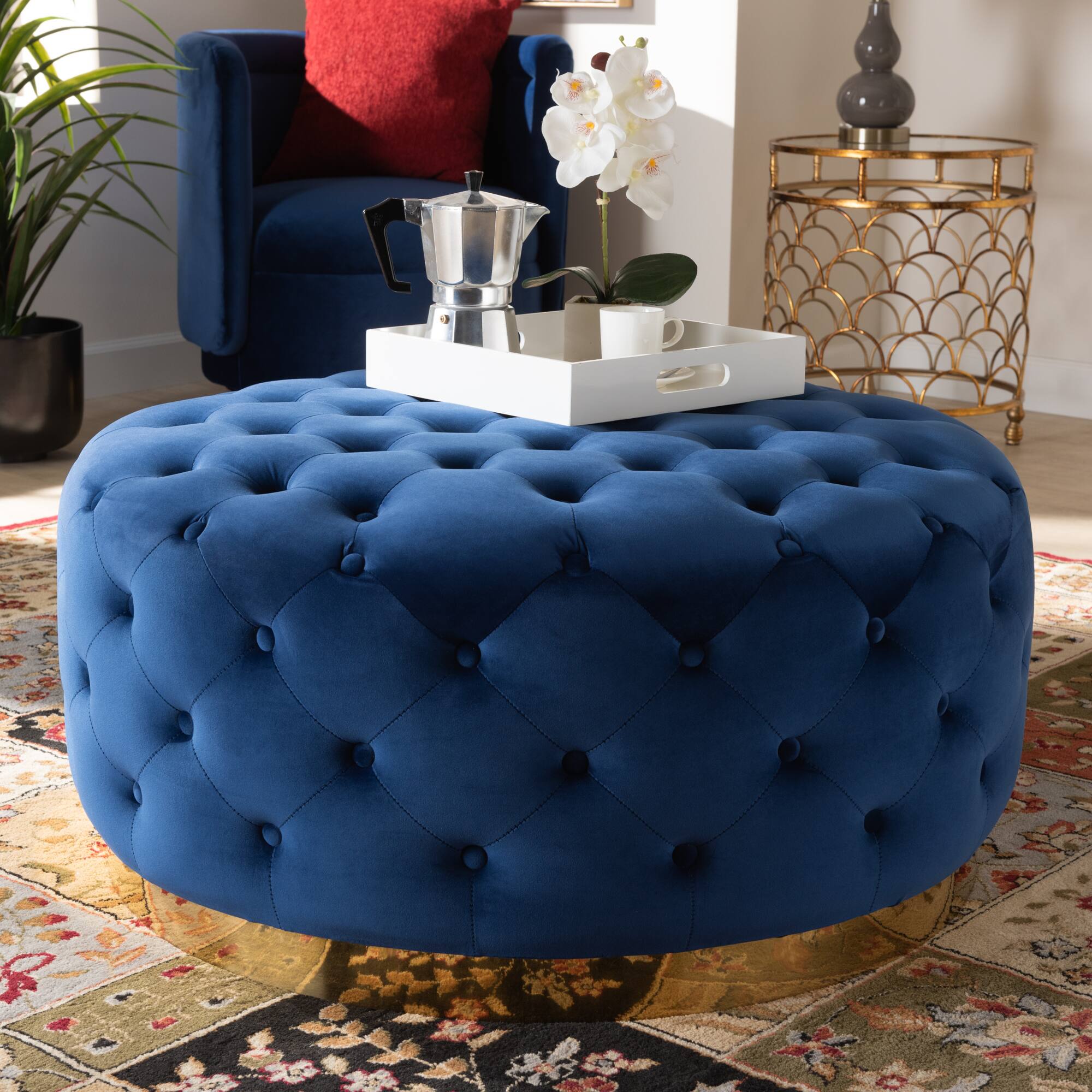 Back. Baxton Studio - Sasha Glam and Luxe Velvet Fabric Upholstered Gold Finished Round Cocktail Ottoman - Royal Blue/Gold.