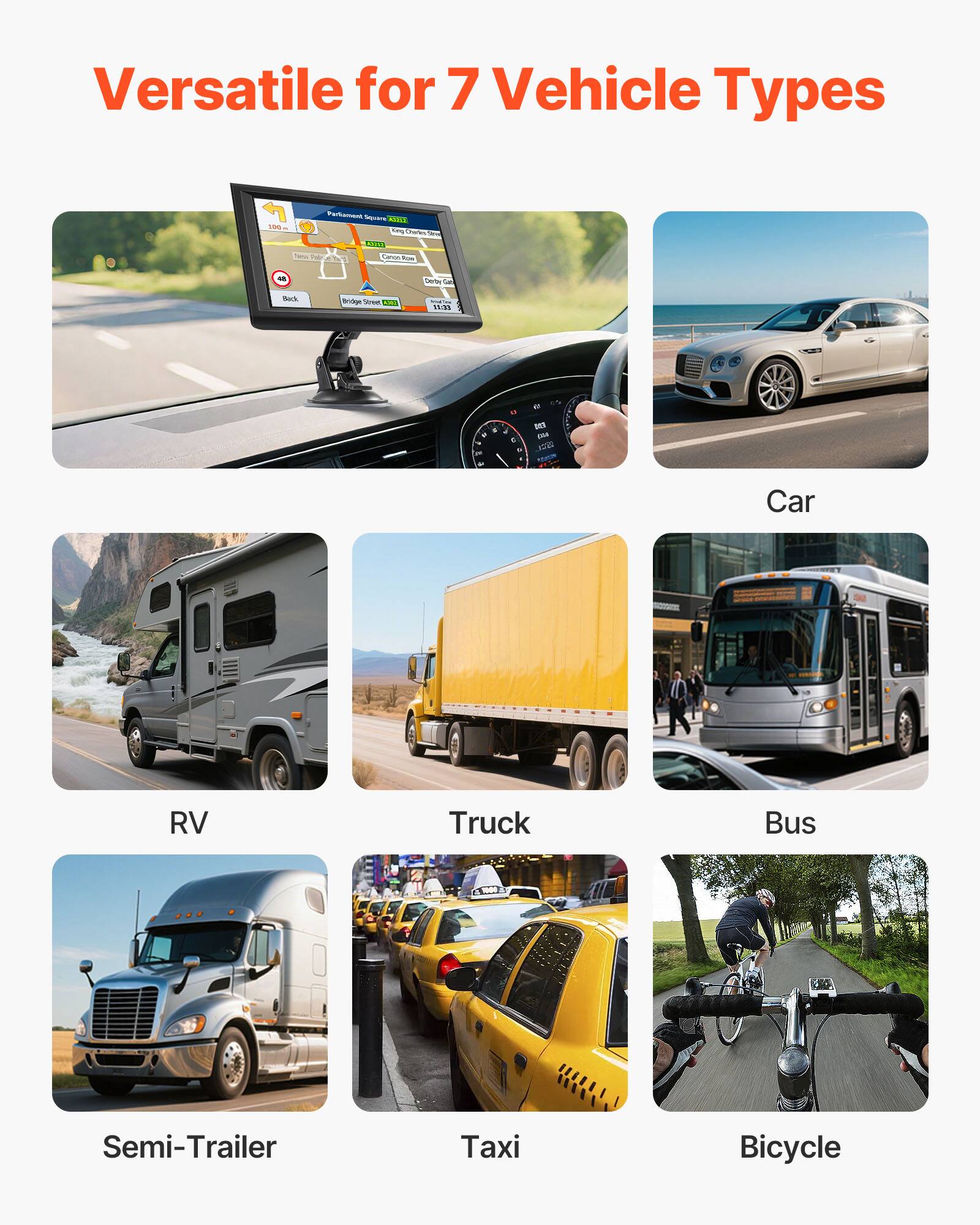 Versatile for 7 Vehicle Types: Car, RV, Truck, Bus, Semi-Trailer, Taxi, Bicycle.