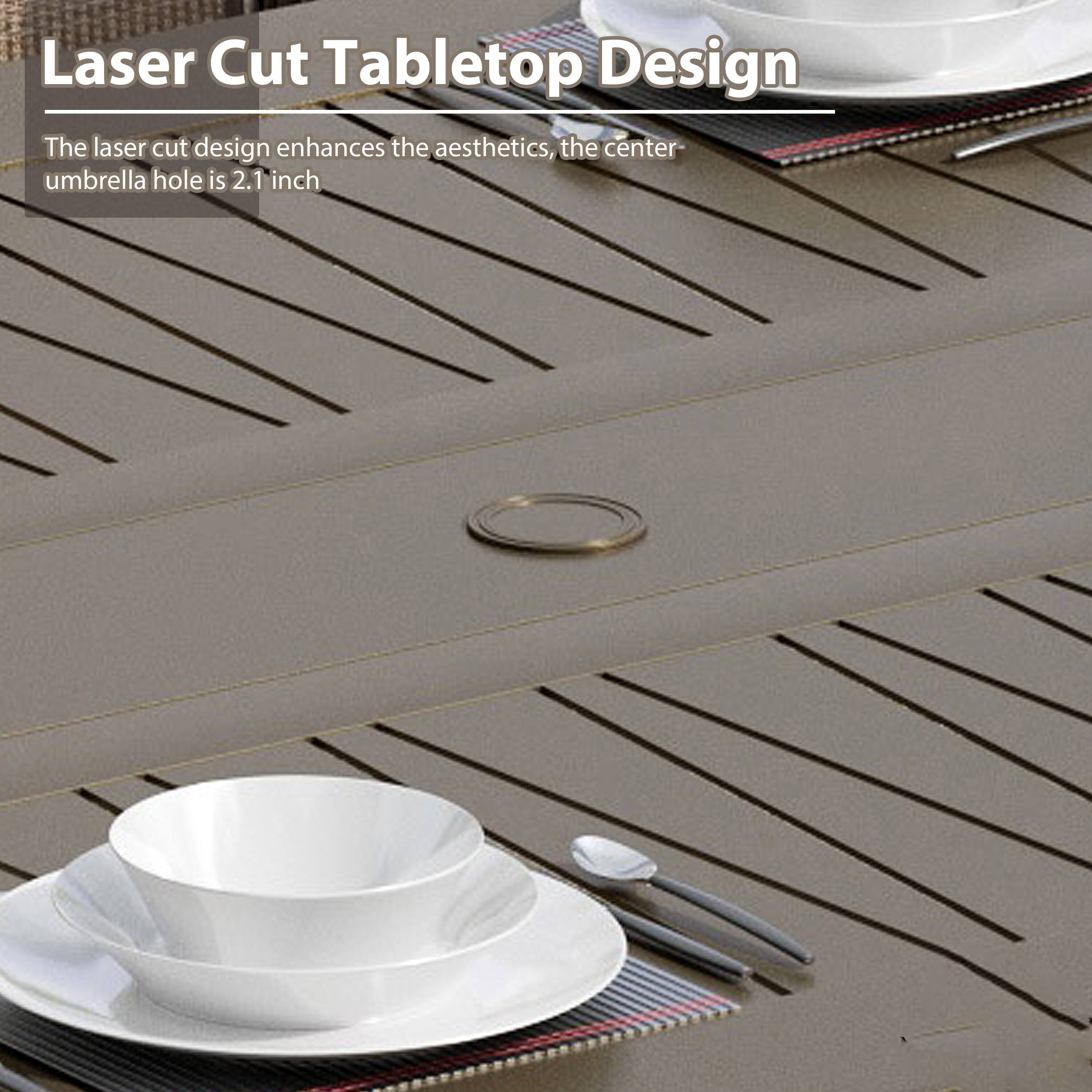 Laser Cut Tabletop Design

The laser cut design enhances the aesthetics, the center umbrella hole is 2.1 inch