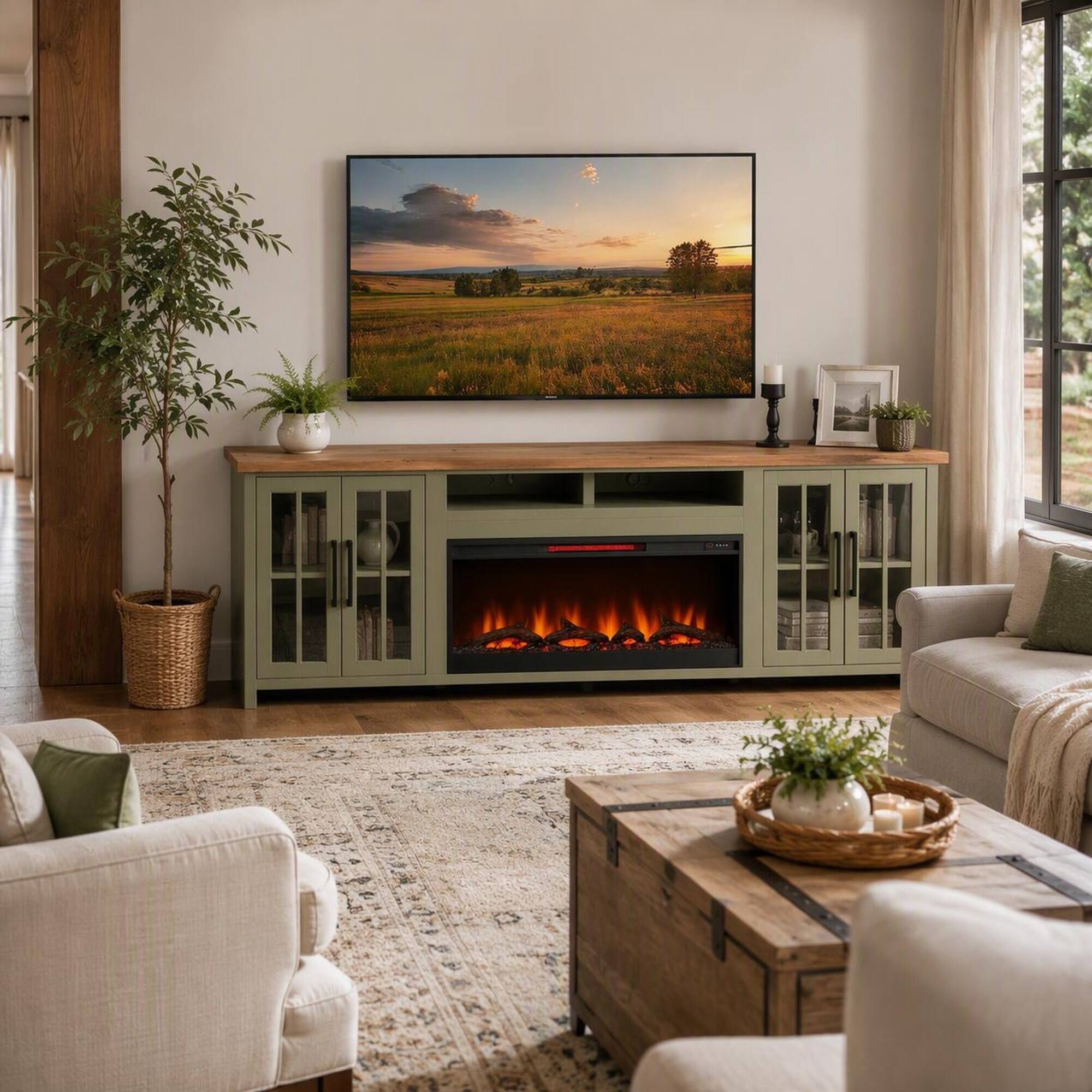 Angle. RYHNUYNE - 97 Inch Vineyard Farmhouse Fireplace TV Stand, Fits Up To 100 Inch TVs For Rustic Living Room Media Storage Decor - Green.