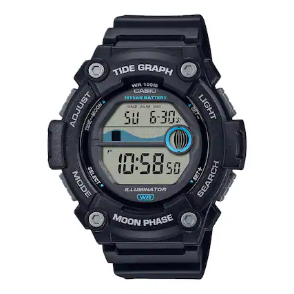 TIDE GRAPH
WR 100M
CASIO
10 YEAR BATTERY
SNZ ALM SIG
LIGHT
SEARCH
ILLUMINATOR
MOON PHASE
ADJUST
TIDE-MOON
SET-
SET+
MODE SELECT
P
6-30
50
50
10:58