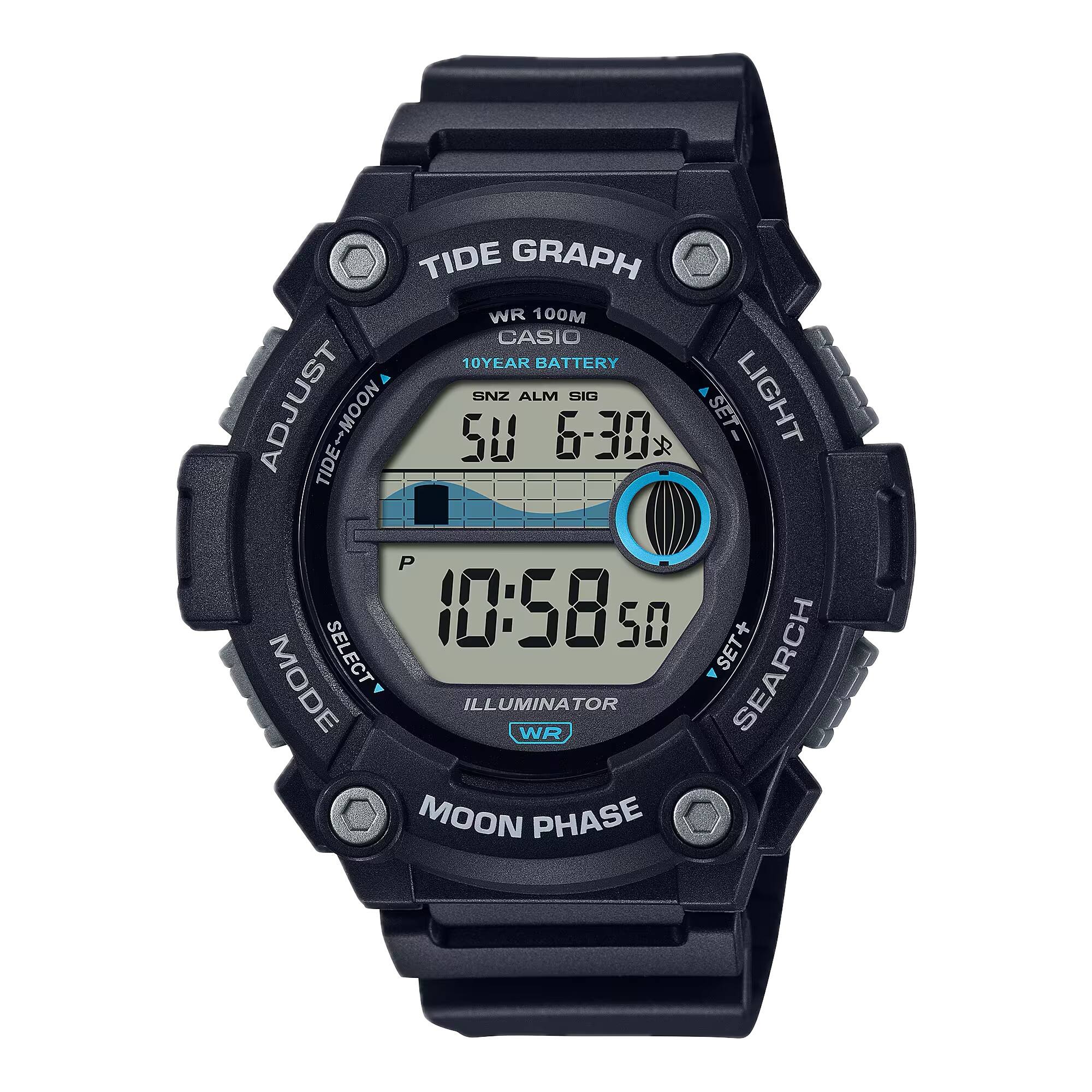 TIDE GRAPH  
WR 100M  
CASIO  
10 YEAR BATTERY  
SNZ ALM SIG  
LIGHT  
SEARCH  
ILLUMINATOR  
MOON PHASE  
ADJUST  
TIDE-MOON  
SET-  
SET+  
MODE SELECT  
P  
6-30  
50  
50  
10:58