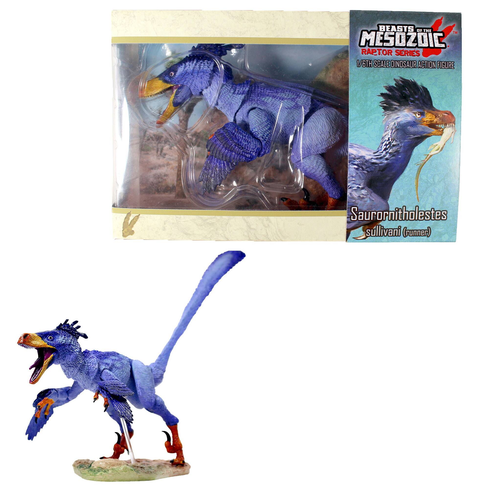 The text on the image reads: "Beasts of the Mesozoic Raptor Series 16th Scale Dinosaur Action Figure Saurornitholestes sullivani (runner)."