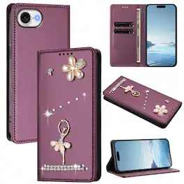 Dteck - 3D Bling Ballerina Wallet Case for Apple iPhone 17e, RFID Blocking PU Leather Flip Cover with Card Slots - Darkpurple