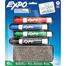 **Expo**
- Easily Erases
- Efface Facilement
- Se Borra con Facilidad
**Chisel WOW**
- Our Most Mus
- Notre Tinta
- Nuestra Tinta
**Low Odor Chisel**
- low odor chisel
- low odor chisel
- low odor chisel
- low odor chisel
**Contents:**
- 4 Gel Markers
- 1 Eraser
- 4 Mounting Tabs
- 1 Range
**CT 10 PLAS PCAS**
**17852944**