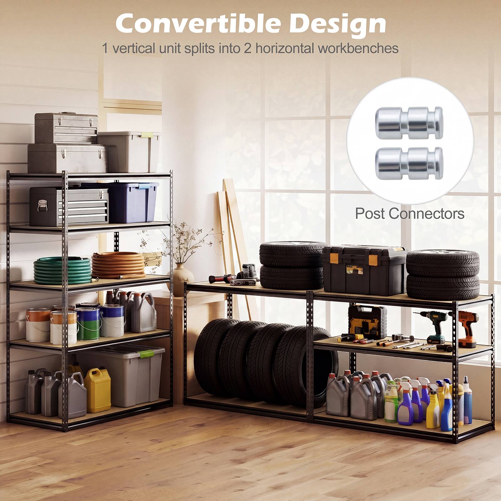 Convertible Design  
1 vertical unit splits into 2 horizontal workbenches  
Post Connectors