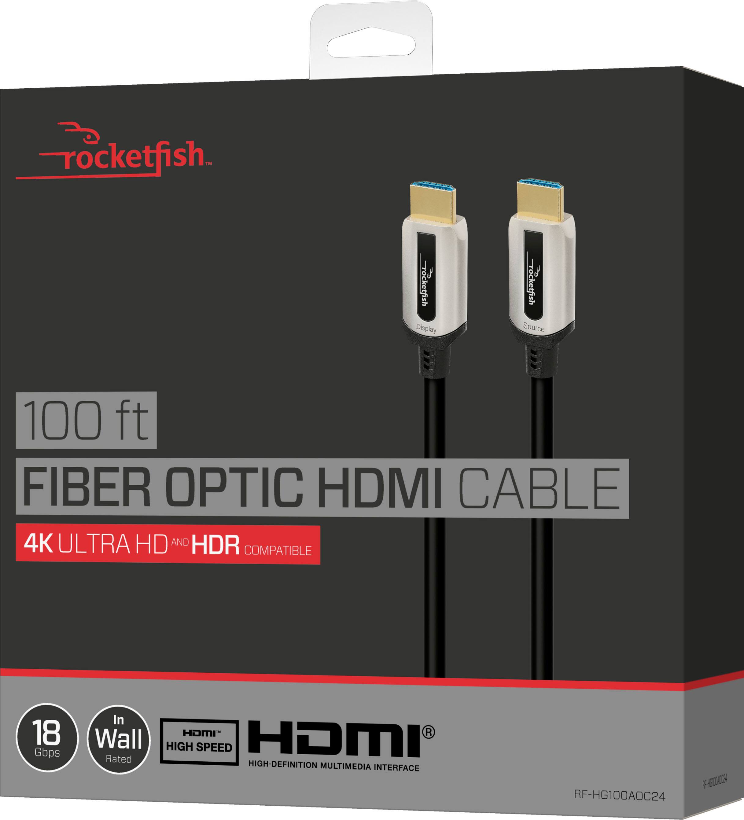 rocketfish 100 ft FIBER OPTIC HDMI CABLE 4K ULTRA HD AND HDR COMPATIBLE 18 Gbps In Wall Rated HOMP HIGH SPEED HDMI HIGH-DEFINITION MULTIMEDIA INTERFACE HEI RF-HG100AOC24