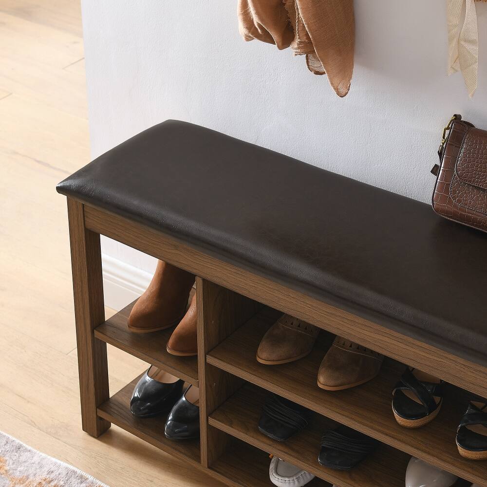 Alt View 2. Ropilly - Ropilly Wooden Entryway Shoe Storage Bench with PU Leather Cushion, Hidden Compartment, 400lbs Capacity, Brown - Brown.