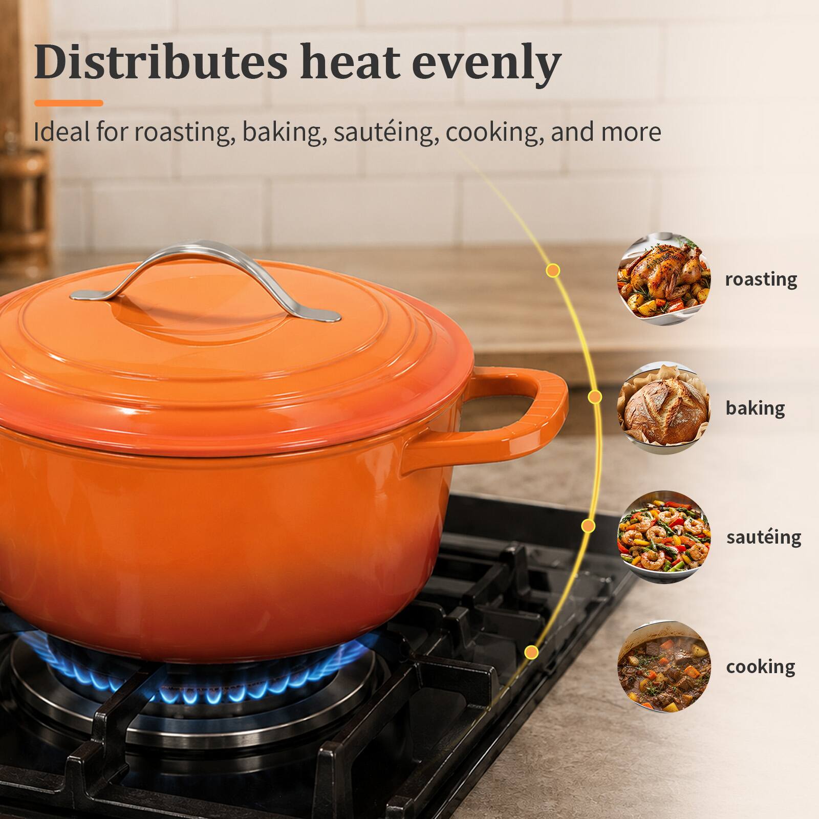 Distributes heat evenly  
Ideal for roasting, baking, sautéing, cooking, and more

roasting  
baking  
sautéing  
cooking