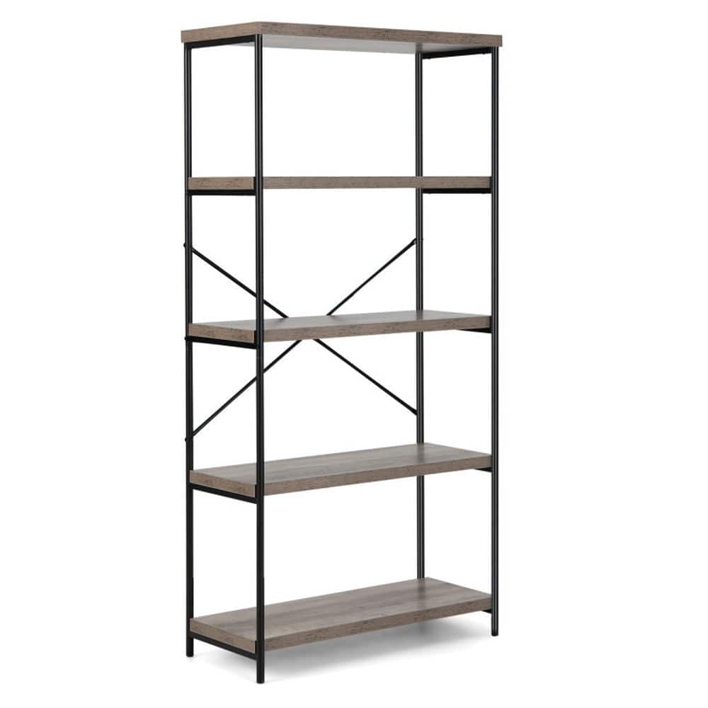 Kadyn - Open Book Shelf,Storage Shelf Unit Plant Stand,5-Tier Industrial Bookshelf Display Storage Rack with Metal Frame - Gray