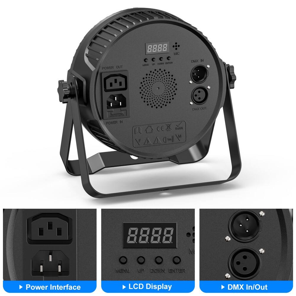 Sure, here is the corrected and grouped text from the image:

---

**Power Interface:**
- POWER IN
- POWER OUT

**LCD Display:**
- 8888
- MIC
- UP DOWN ENTER
- MENU

**DMX In/Out:**
- DMX IN
- DMX OUT

**Additional Labels:**
- MIC POWER OUT
- MAIMU DORN
- OHTER
- DMX IN
- DMX OUT
- POWER
- LCD Display
- DMX In/Out

**Certifications:**
- CE
- RoHS

**Other:**
- V
- A
- A
- A
- W

---