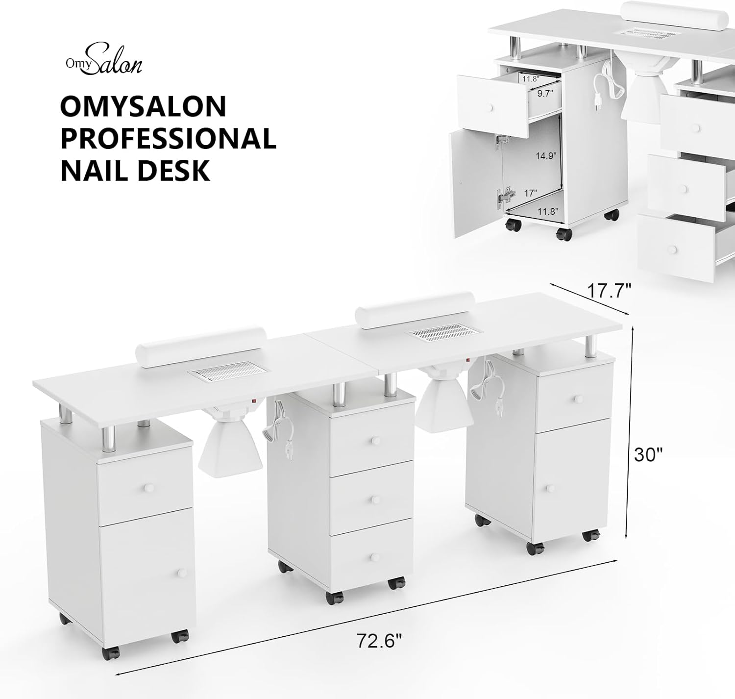 OMYSALON PROFESSIONAL NAIL DESK

11.8"  
9.7"  
14.9"  
17"  
11.8"  
17.7"  
30"  
72.6"