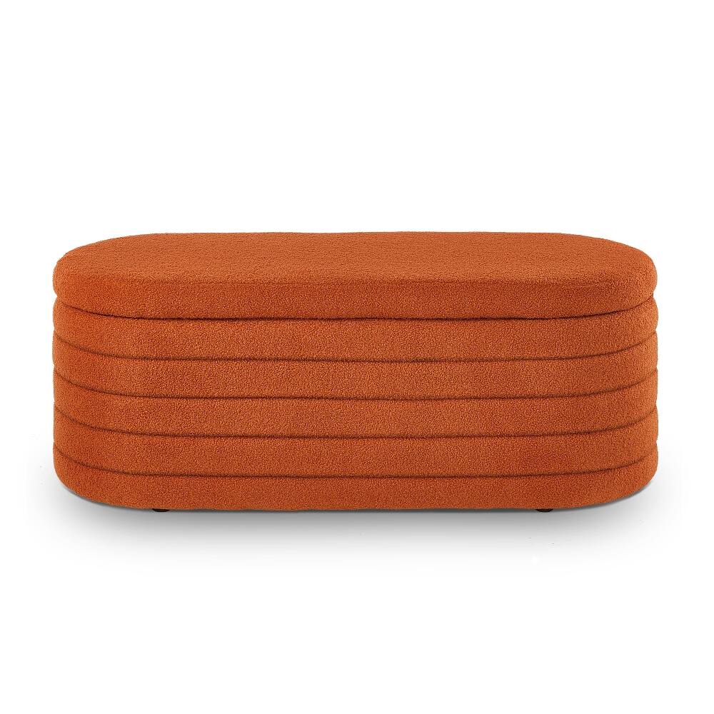 Back. Ropilly - Ropilly Modern Oval Storage Ottoman Bench, Orange Boucle Teddy Fabric End of Bed Bench for Bedroom Entryway - Orange.