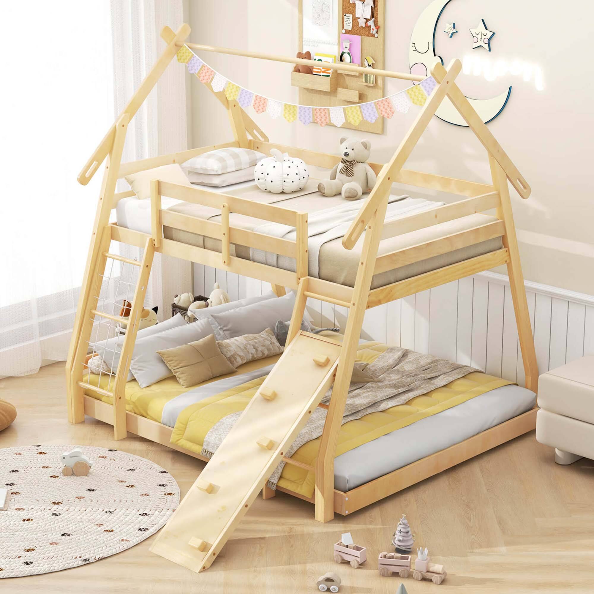 Alt View 2. Costway - Twin Over Queen Bunk Bed House Shaped Bed Frame with Climbing Nets and Ramp - Beige.