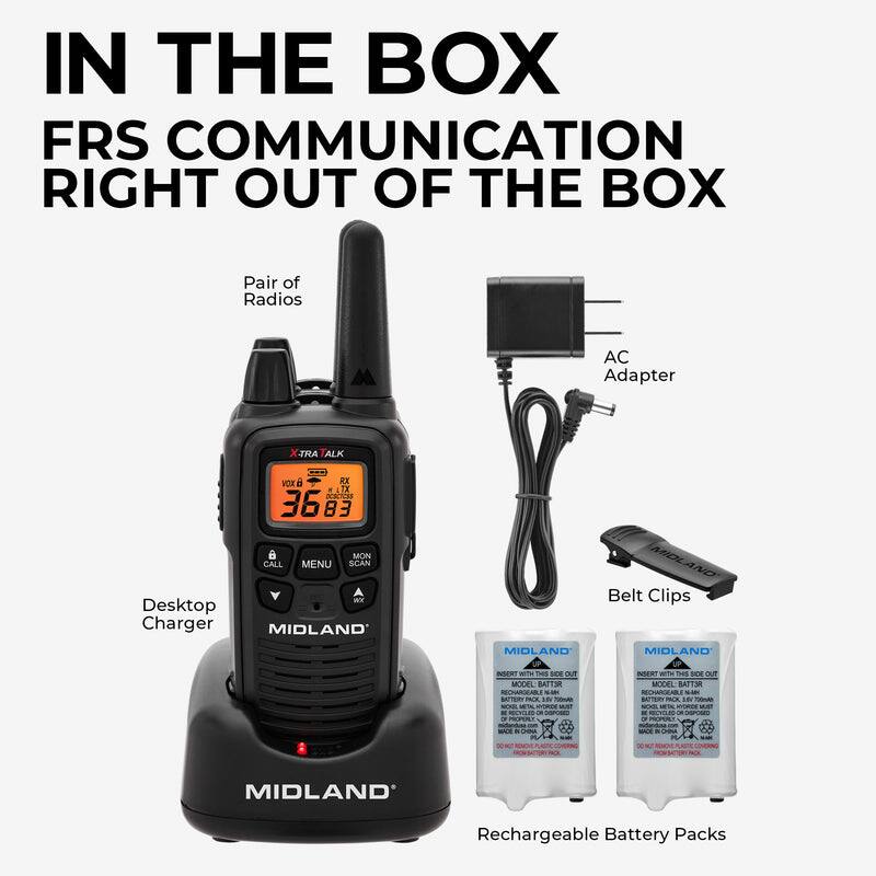 IN THE BOX  
FRS COMMUNICATION RIGHT OUT OF THE BOX  

- Pair of Radios  
- AC Adapter  
- Desktop Charger  
- Belt Clips  
- Rechargeable Battery Packs