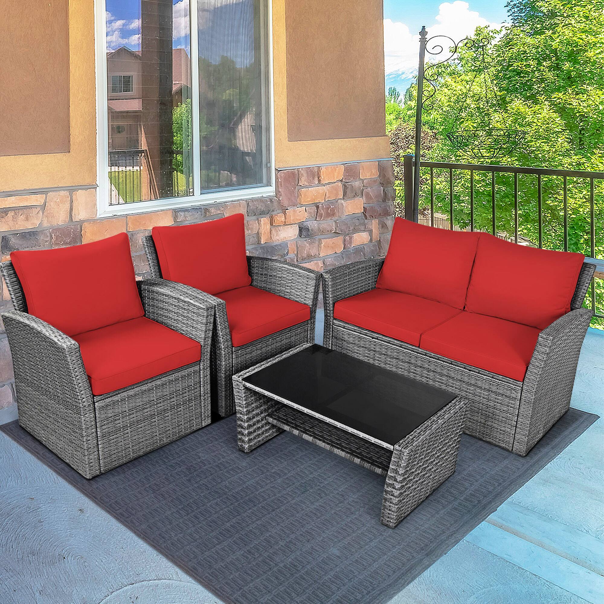 Alt View 3. Gymax - Gymax 4PCS Patio Rattan Conversation Set Outdoor Furniture Set w/ Red Cushions - Red.