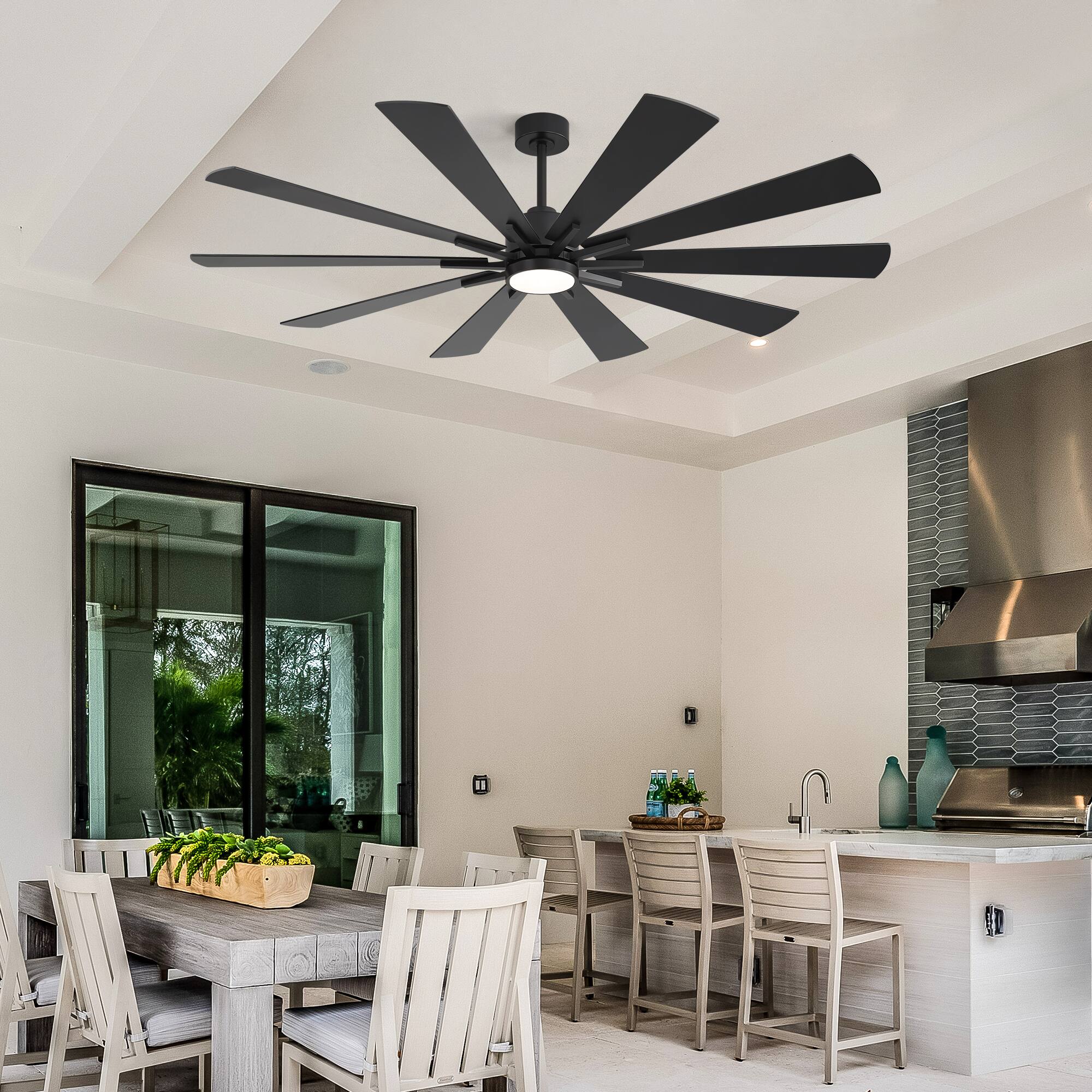 Left. Breezary - 72-Inch Modern Ceiling Fan, Dimmable LED, 10 Premium Plywood Blades, Quiet DC Motor, Remote Control, 6"/12" Downrods - 72-inch in Black and Walnut finish.