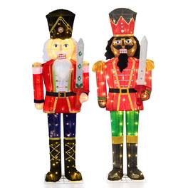 Gymax - 2PCS 5 FT Lighted Christmas Nutcracker w/Glitter Sword 100 Lights for Outdoor - Multi-color