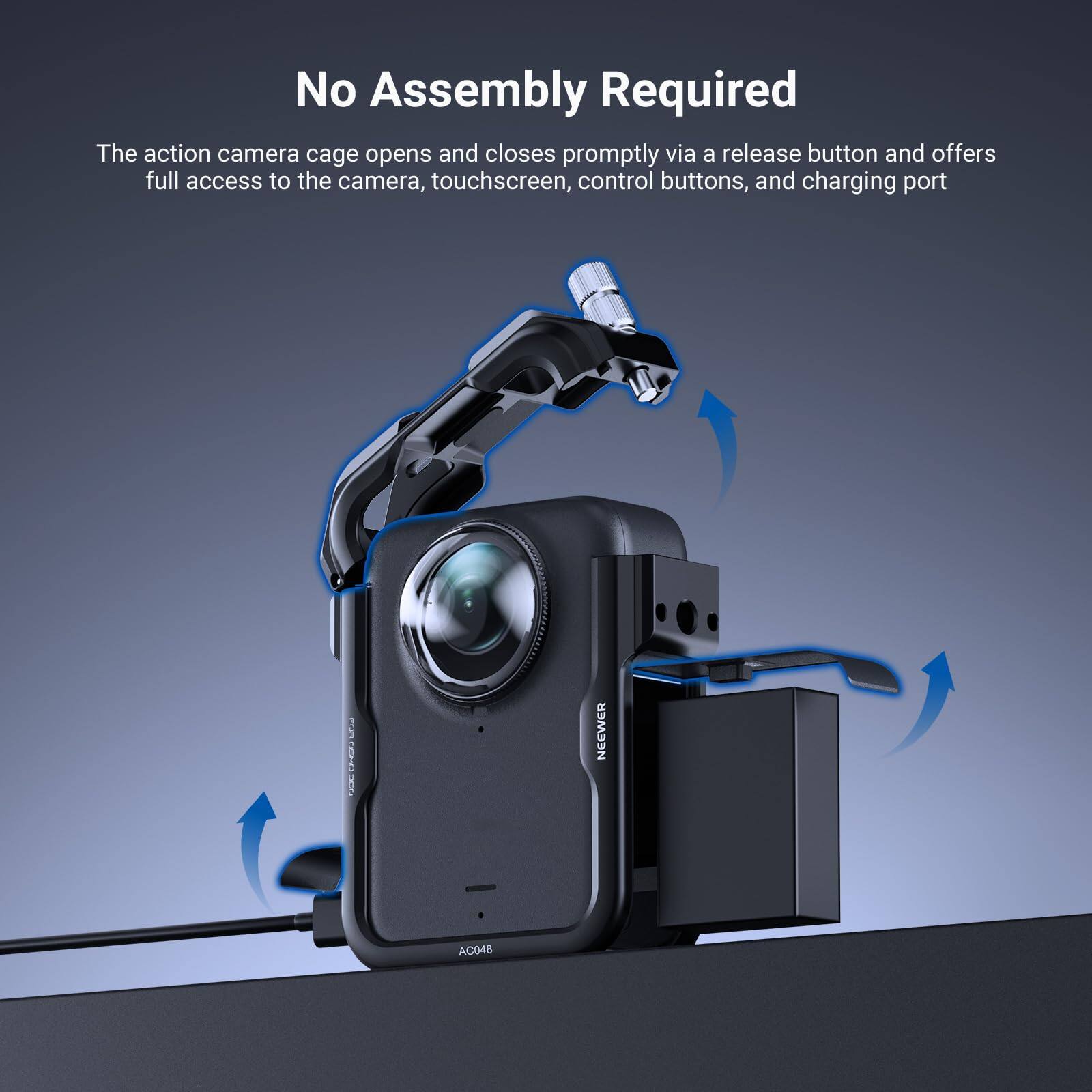 No Assembly Required

The action camera cage opens and closes promptly via a release button and offers full access to the camera, touchscreen, control buttons, and charging port.

PRODOG NEEWER AC048