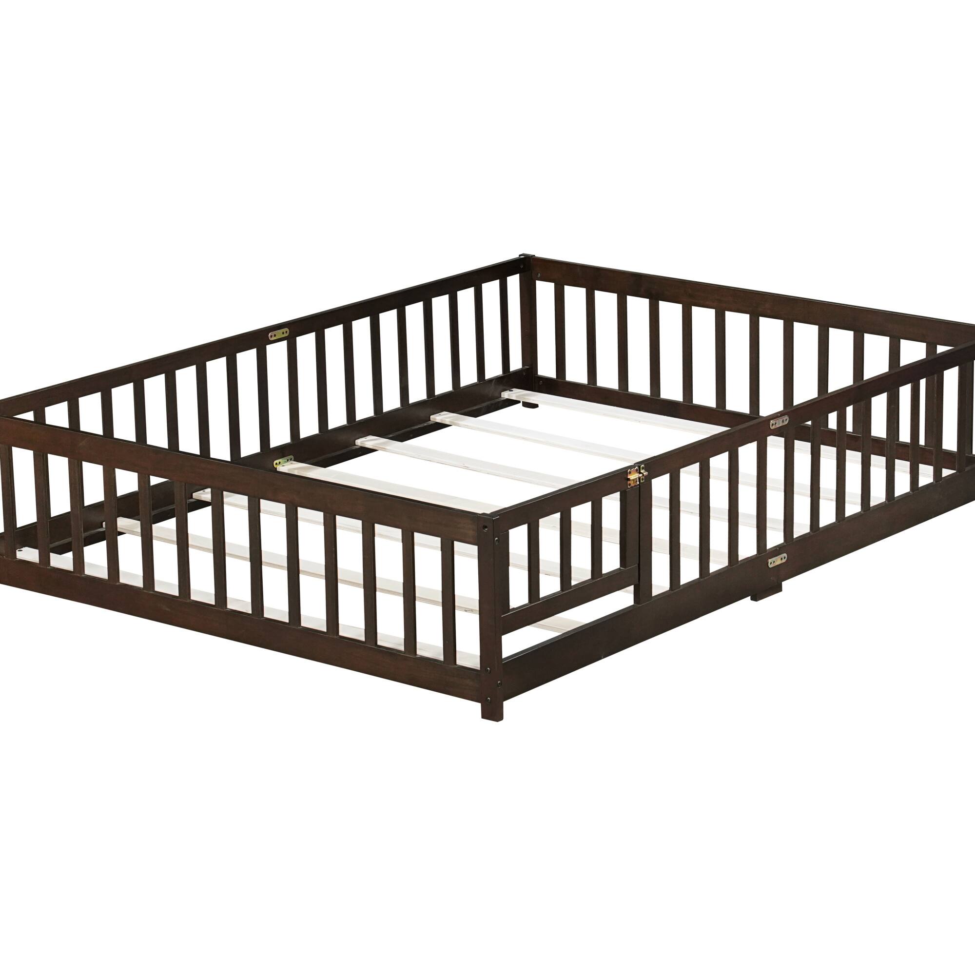 Alt View 6. GOODSILO - Queen Size Low-Profile Platform Bed with Safety Guardrails and Entry Door for Secure Sleeping Space - Espresso.